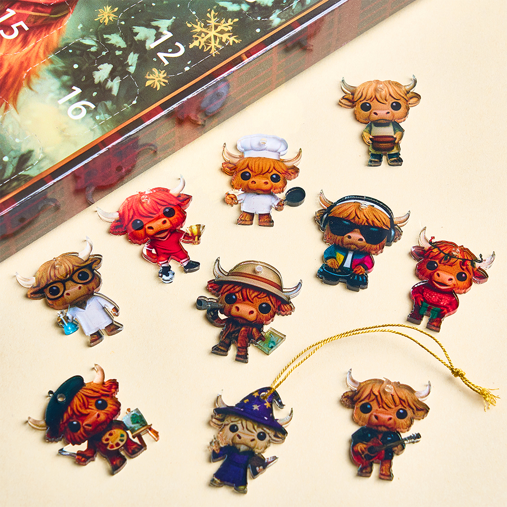Scottish Highland Cow Advent Calendar | Christmas Countdown Blind Box Ornaments | 2D Acrylic & 3D Rubber Tree Decorations | Holiday Gift for Family & Kids - MyFaceSocksAU