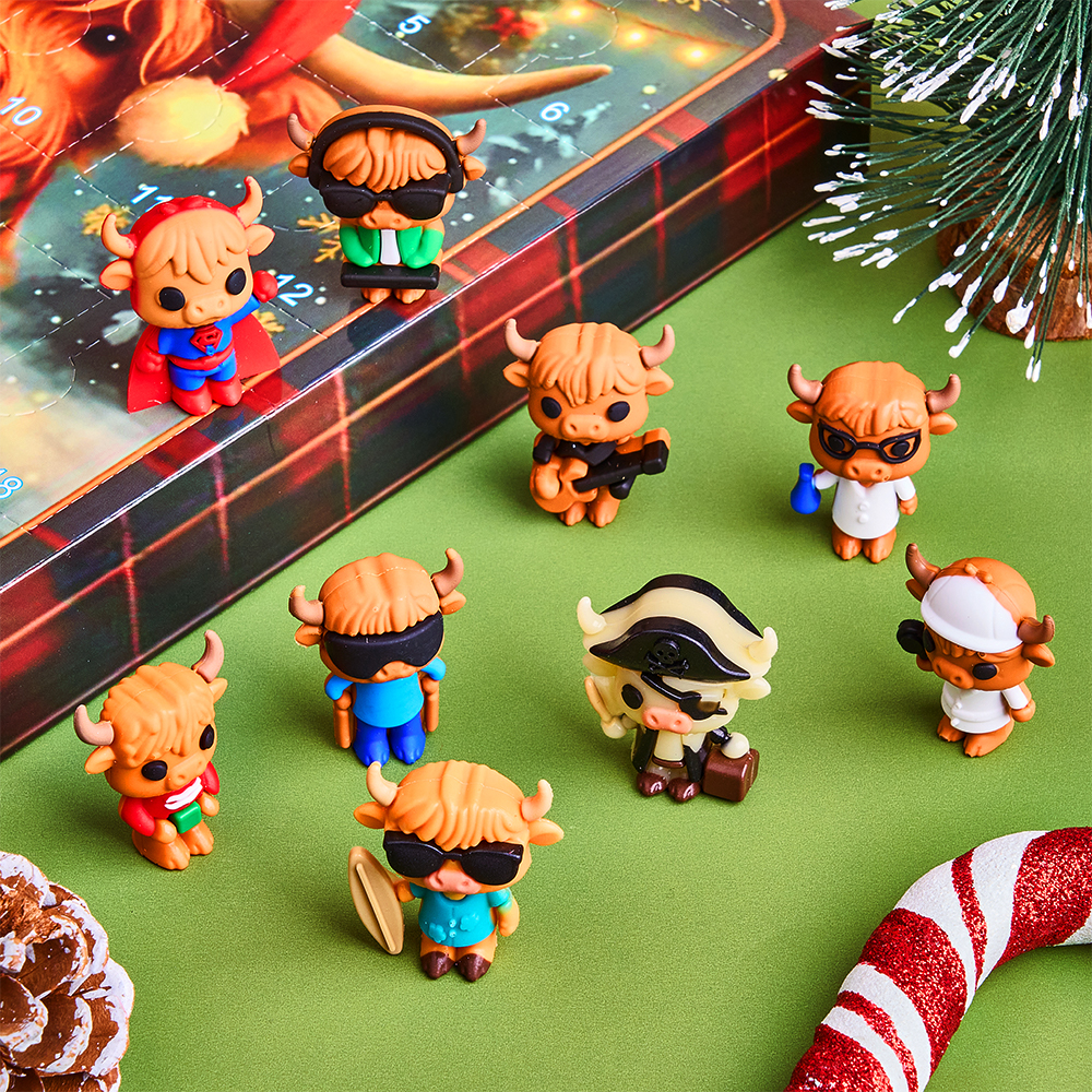 Scottish Highland Cow Advent Calendar | Christmas Countdown Blind Box Ornaments | 2D Acrylic & 3D Rubber Tree Decorations | Holiday Gift for Family & Kids