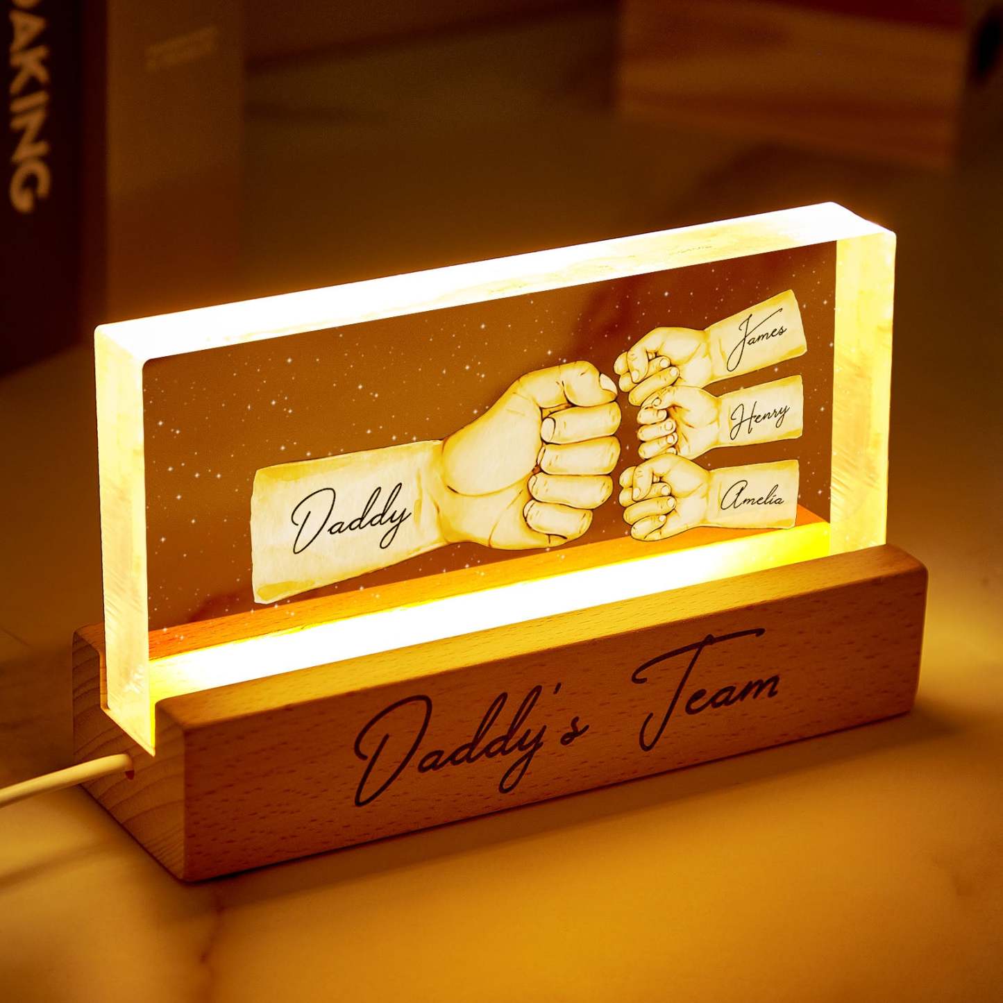 Custom Acrylic LED Night Light Personalized Daddy's Team Fist Bump Father's Day Gift For Dad -