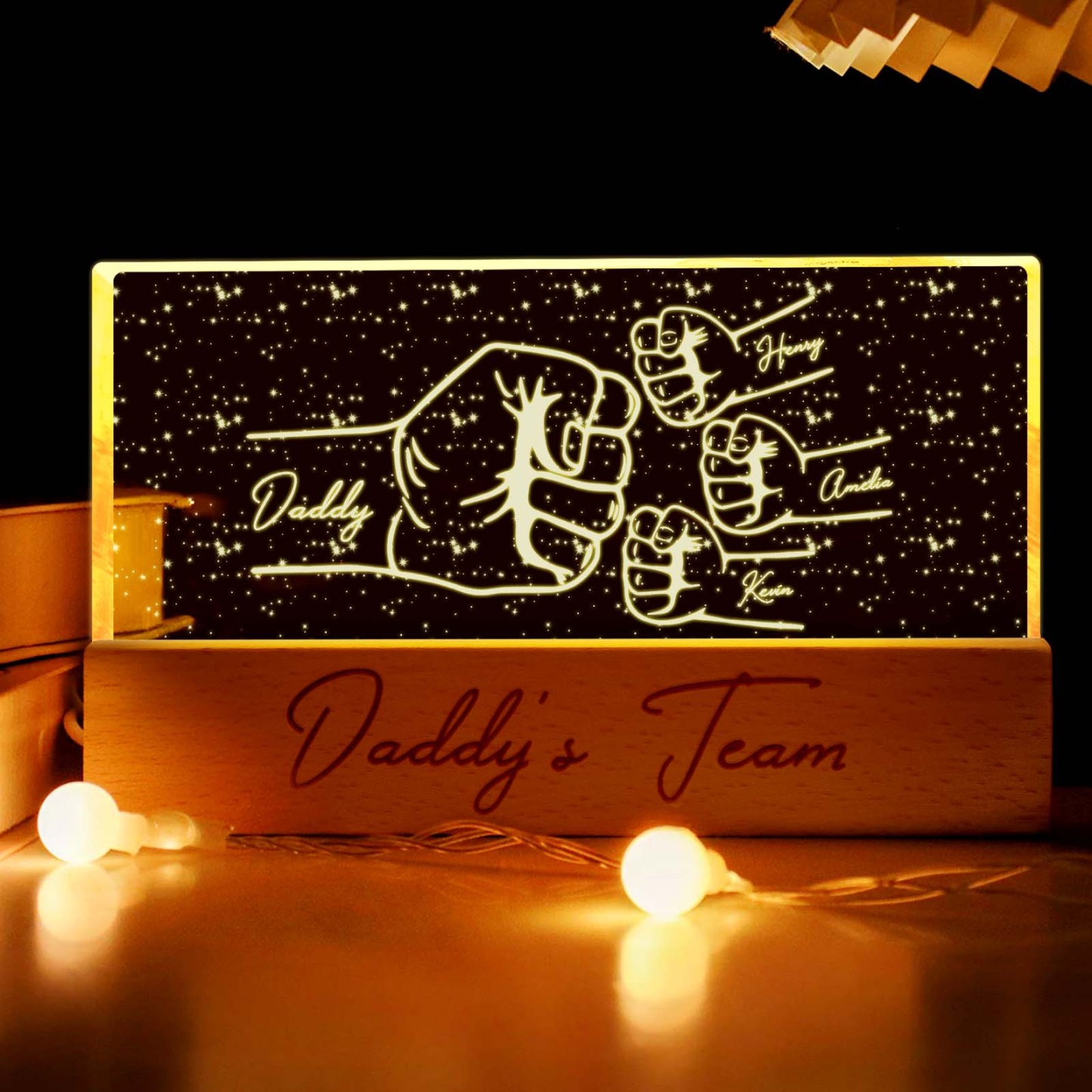 Custom Acrylic LED Night Light Personalized Daddy's Team Fist Bump Father's Day Gift