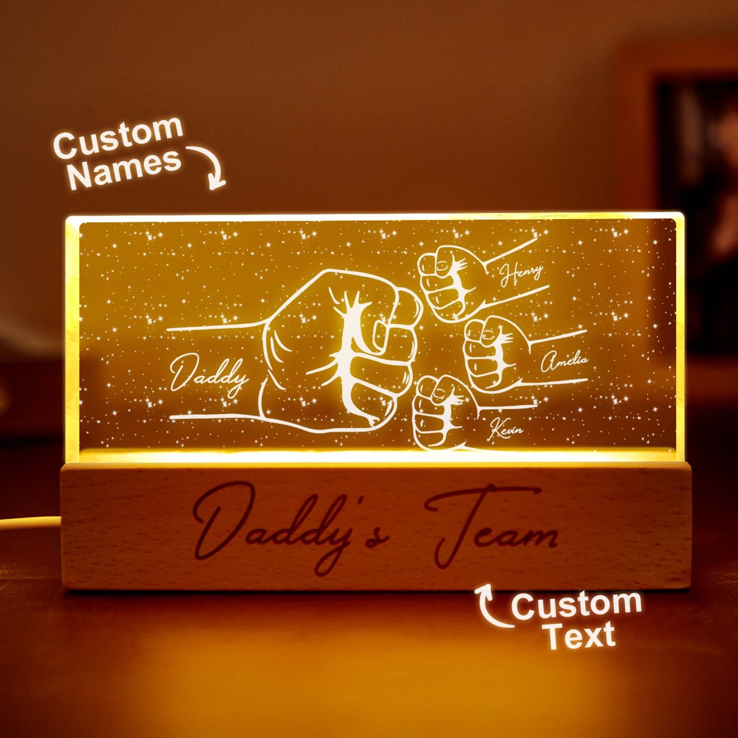 Custom Acrylic LED Night Light Personalized Daddy's Team Fist Bump Father's Day Gift