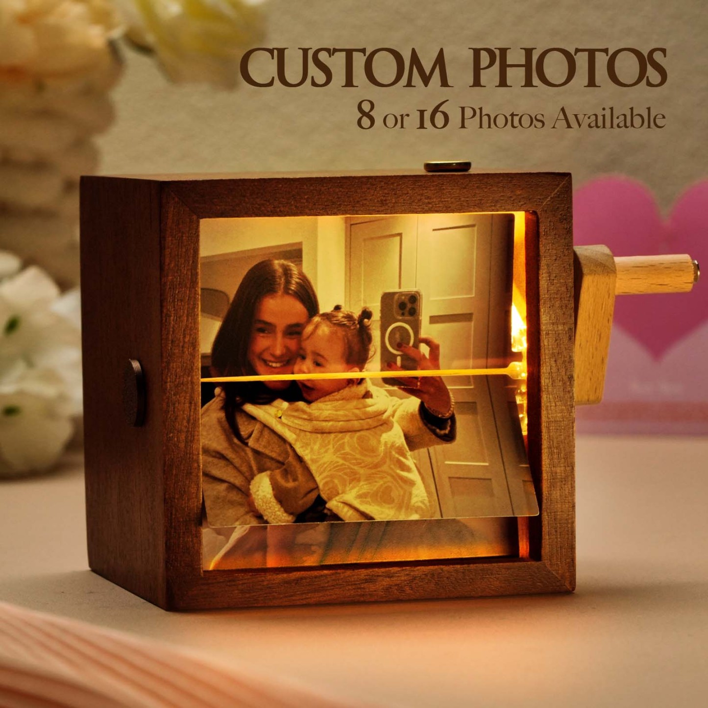 Custom Hand-Crank Flipbook Box Photo Album with Light Black Walnut Baby Photo Cube Frame Fathers Day Gift - MyFaceSocksAU