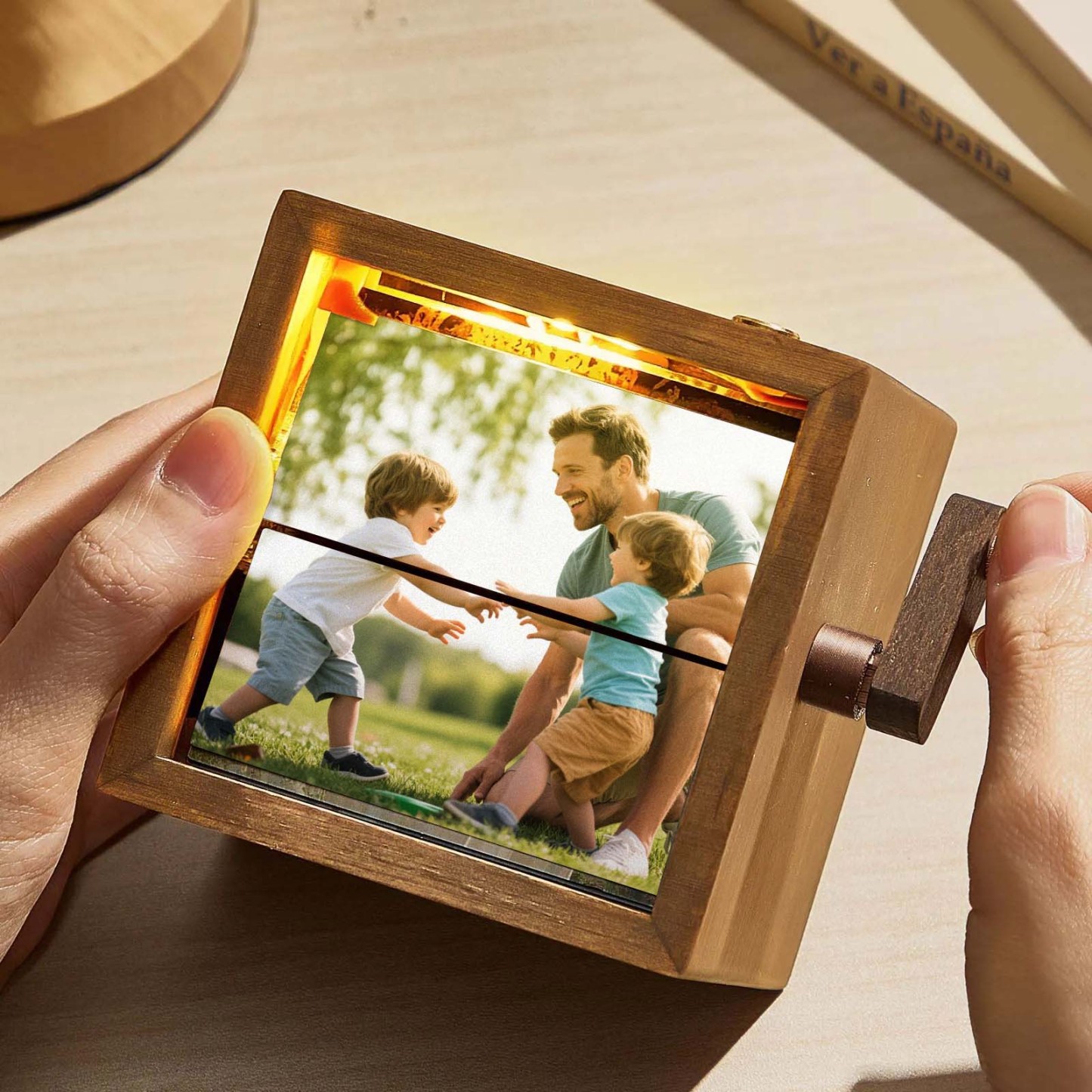 Custom Hand-Crank Flipbook Box Photo Album with Light Black Walnut Baby Photo Cube Frame Fathers Day Gift