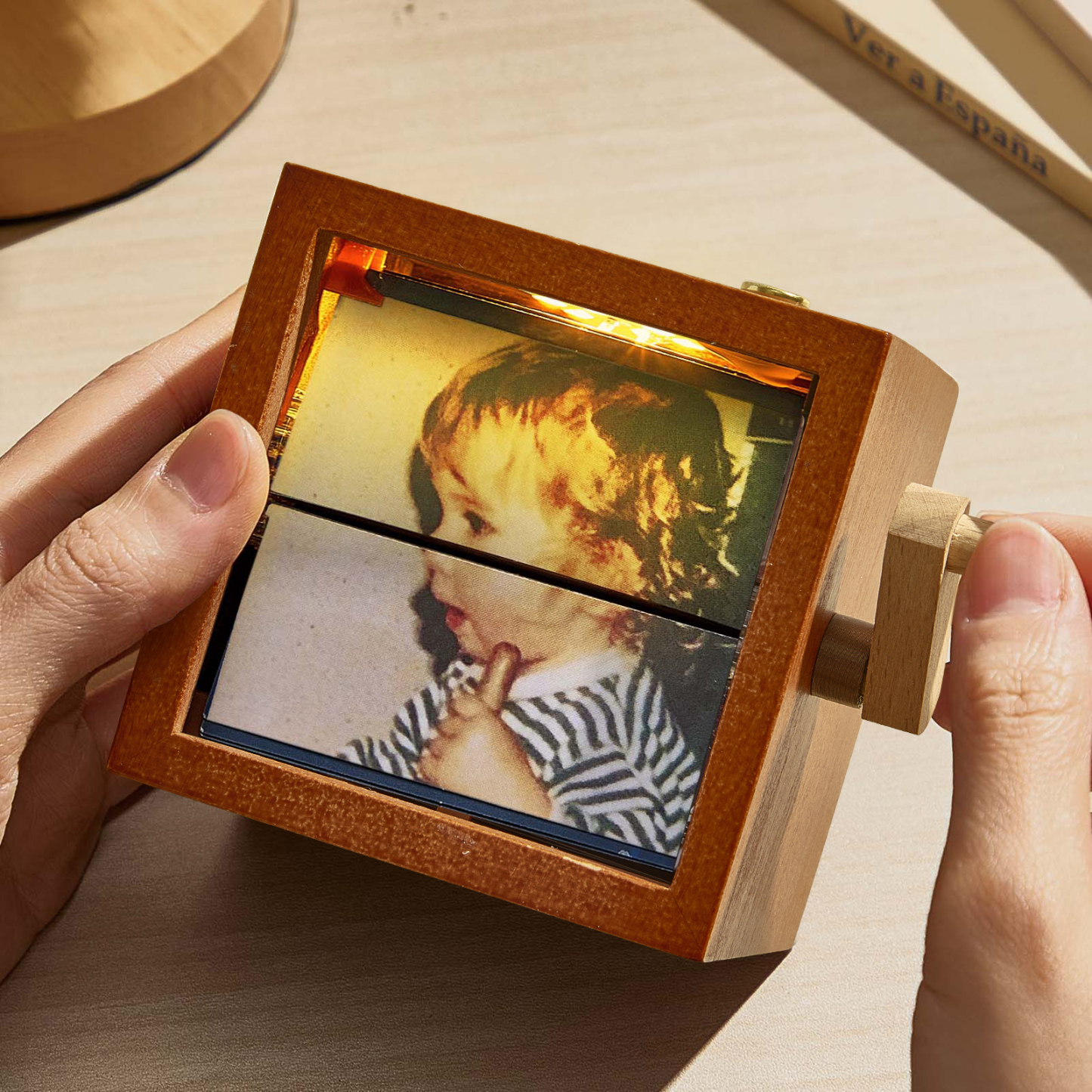 Custom Photo Flipbook Frame Animation Machine Mechanical Hand-cranked Flipbook Box with Light Black Walnut Valentine's Day Gifts - MyFaceSocksAU