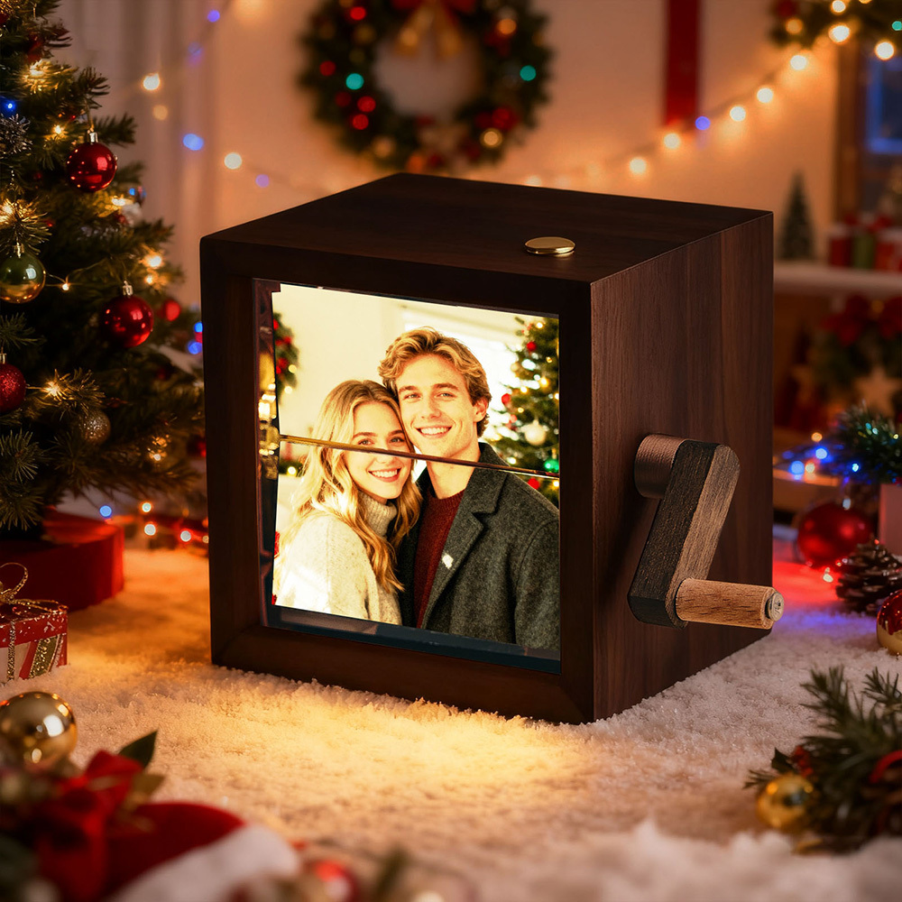Christmas Gift Personalized Photo Flipbook Frame Animation Machine Mechanical Hand-cranked Flipbook Box Photo Album with Light Black Walnut Anniversary Gifts Idea