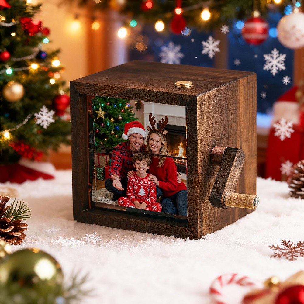 Christmas Gift Personalized Photo Flipbook Frame Animation Machine Mechanical Hand-cranked Flipbook Box Photo Album with Light Black Walnut Anniversary Gifts Idea