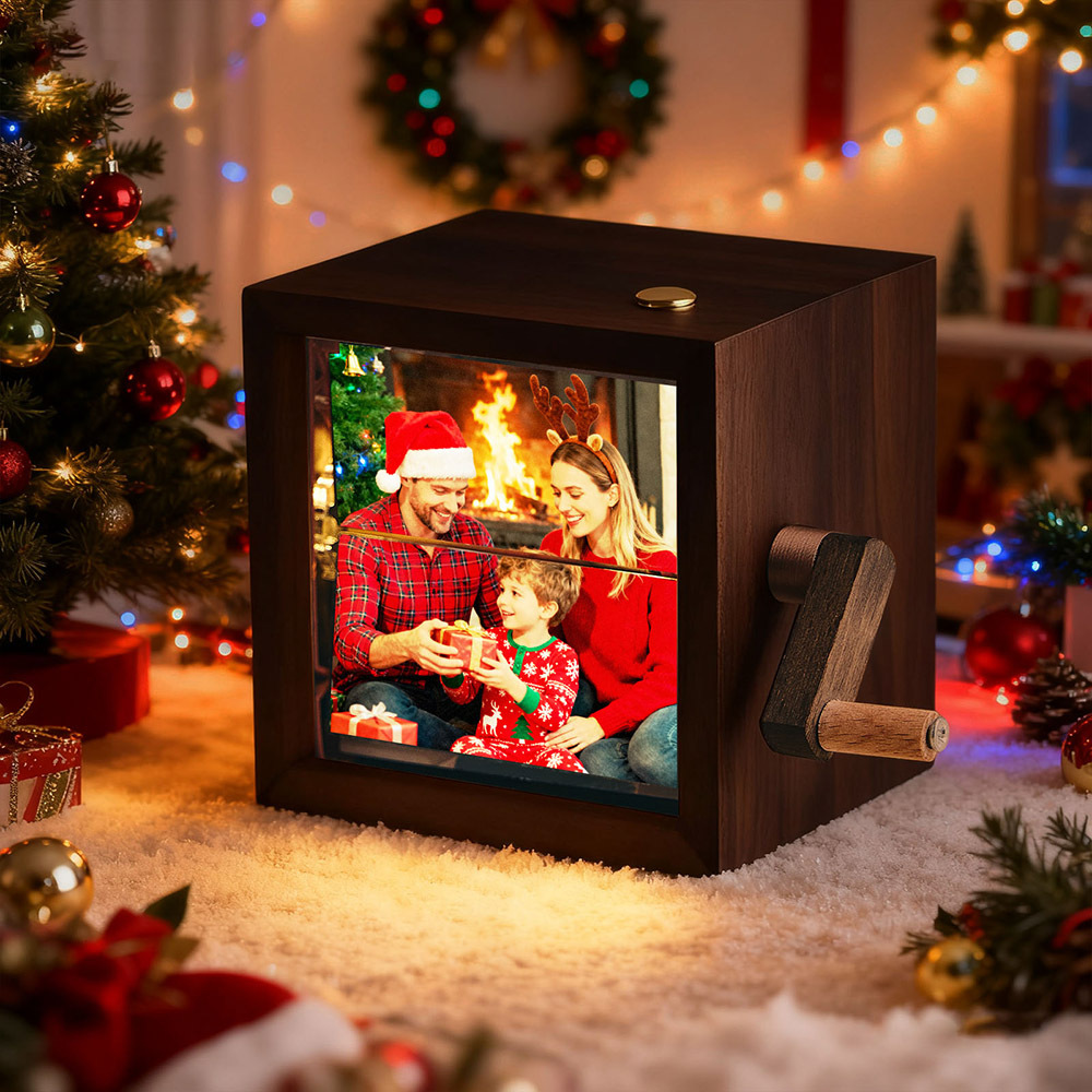 Christmas Gift Personalized Photo Flipbook Frame Animation Machine Mechanical Hand-cranked Flipbook Box Photo Album with Light Black Walnut Anniversary Gifts Idea