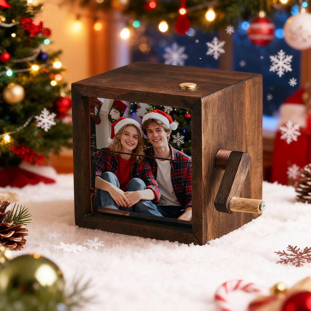 Christmas Gift Personalized Photo Flipbook Frame Animation Machine Mechanical Hand-cranked Flipbook Box Photo Album with Light Black Walnut Anniversary Gifts Idea