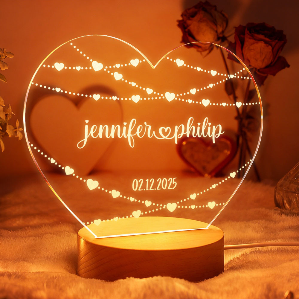 Custom Acrylic Heart Lamp for Valentine's Day - Personalized LED Night Light with Names & Anniversary Date - Romantic Desktop Decor Gift - MyFaceSocksAU
