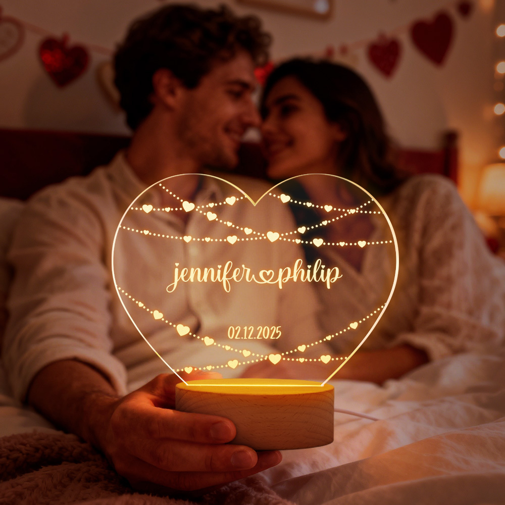 Custom Acrylic Heart Lamp for Valentine's Day - Personalized LED Night Light with Names & Anniversary Date - Romantic Desktop Decor Gift - MyFaceSocksAU