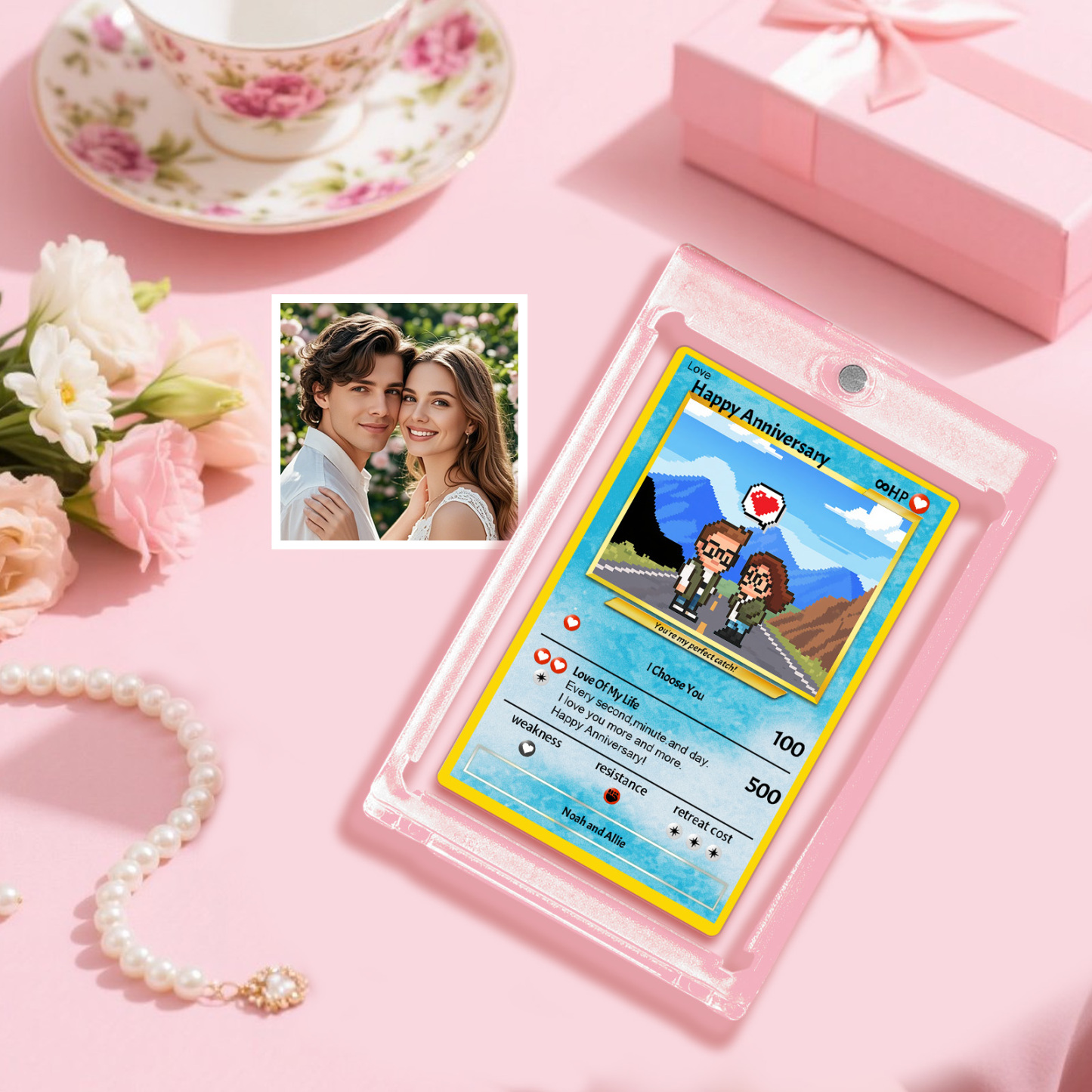 Custom Anniversary Day Poke Card Personalized Pixel Man Style Couple Card Cute Cartoon Photo Gift for Him or Her