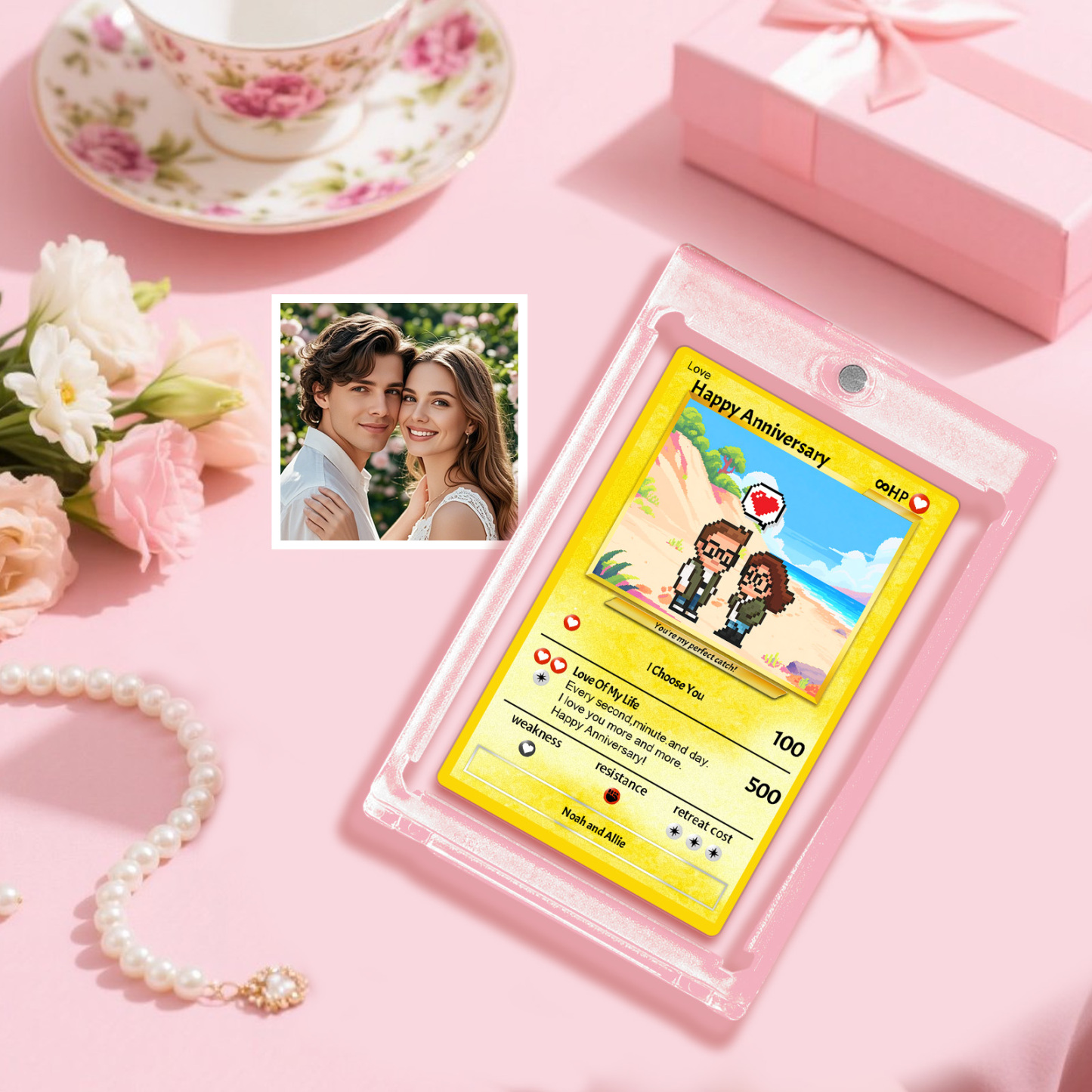 Custom Anniversary Day Poke Card Personalized Pixel Man Style Couple Card Cute Cartoon Photo Gift for Him or Her - MyFaceSocksAU