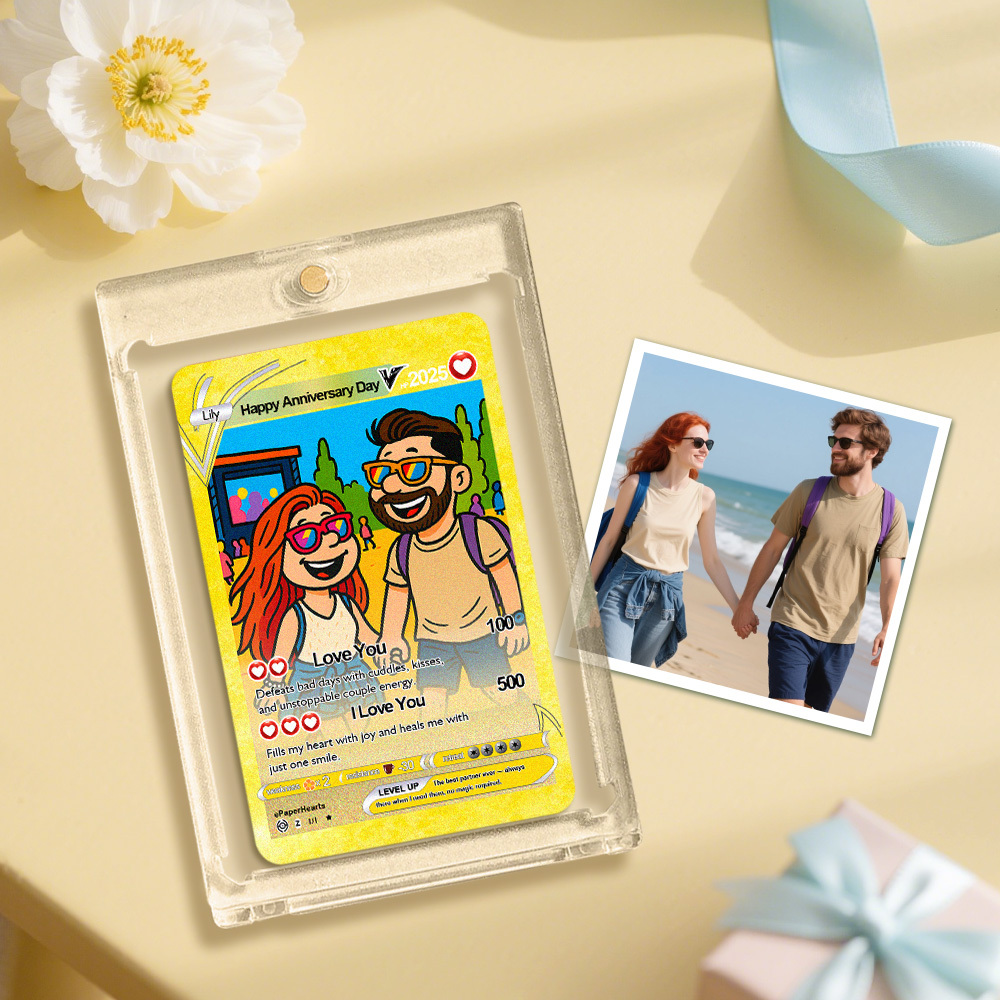 Custom Anniversary Day Poke Card Personalized Pixel Man Style Couple Card Cute Cartoon Photo Gift for Him or Her - MyFaceSocksAU