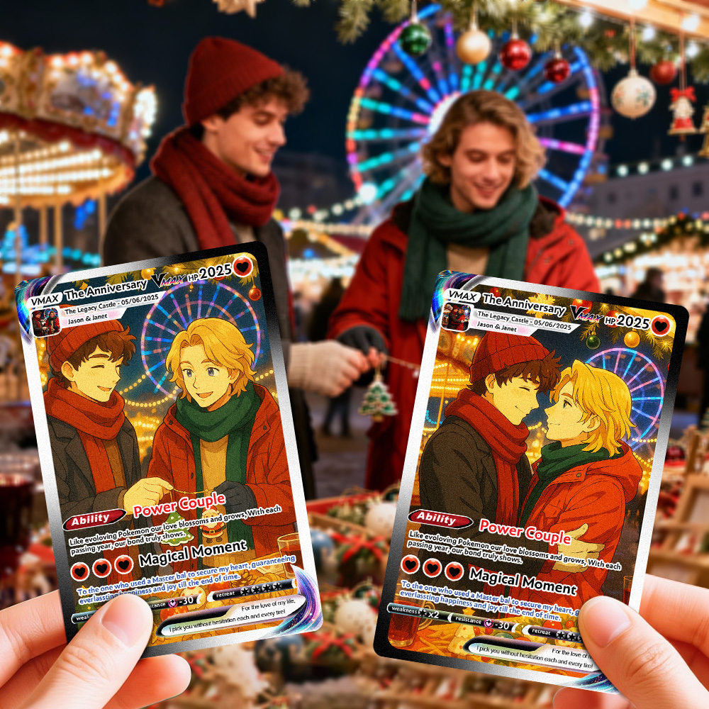 Personalized LGBT Christmas Trading Card Custom Comics Style Collectible for Couples Pride-Inspired Holiday Gift - MyFaceSocksAU