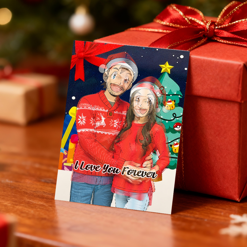 Personalized Lenticular Card Christmas Photo Anime Style Christmas Gift Holiday Greeting Card - MyFaceSocksAU