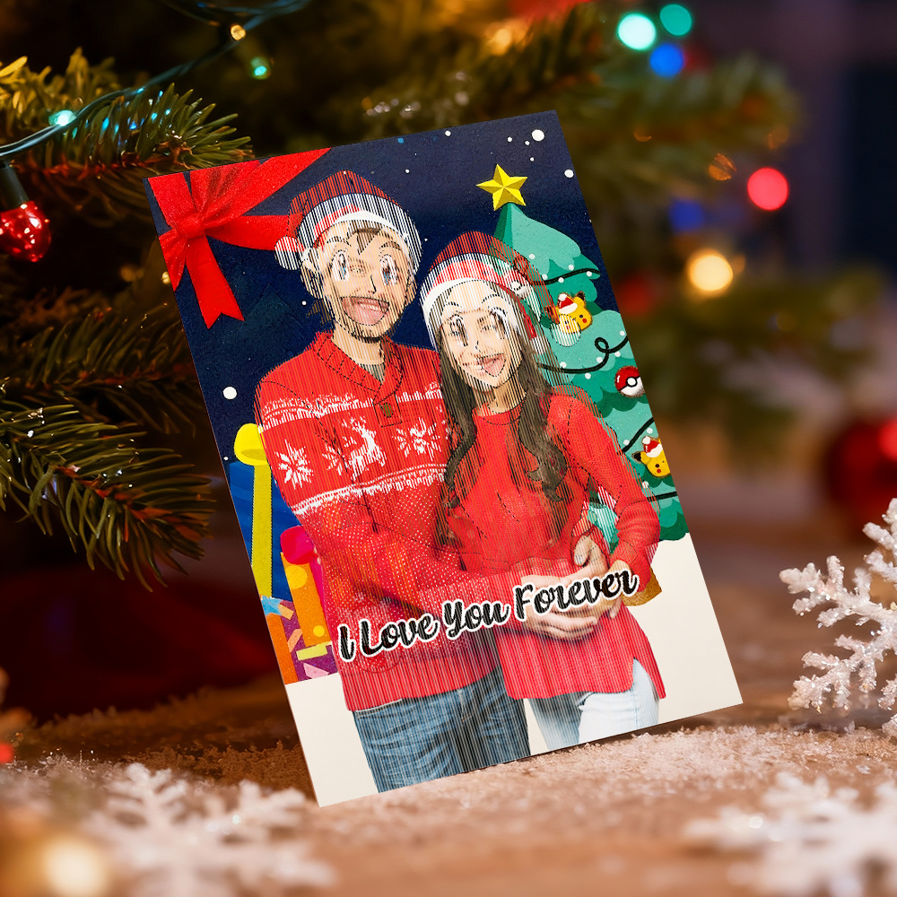 Personalized Lenticular Card Christmas Photo Anime Style Christmas Gift Holiday Greeting Card - MyFaceSocksAU