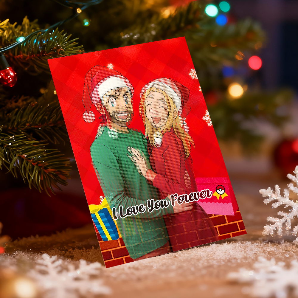 Personalized Lenticular Card Christmas Photo Anime Style Christmas Gift Holiday Greeting Card - MyFaceSocksAU