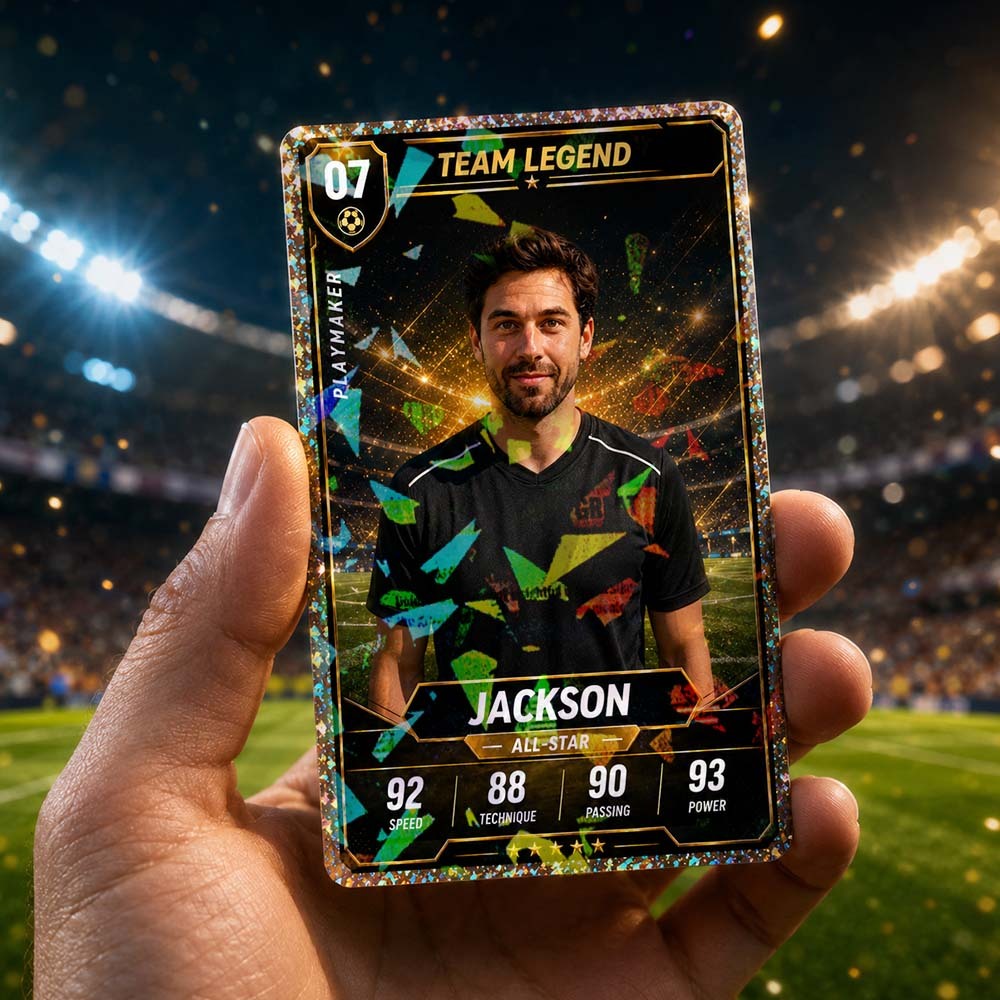 Custom Team Legend Football Card – Holographic Player Stats Keepsake Personalized All-Star Gift - MyFaceSocksAU