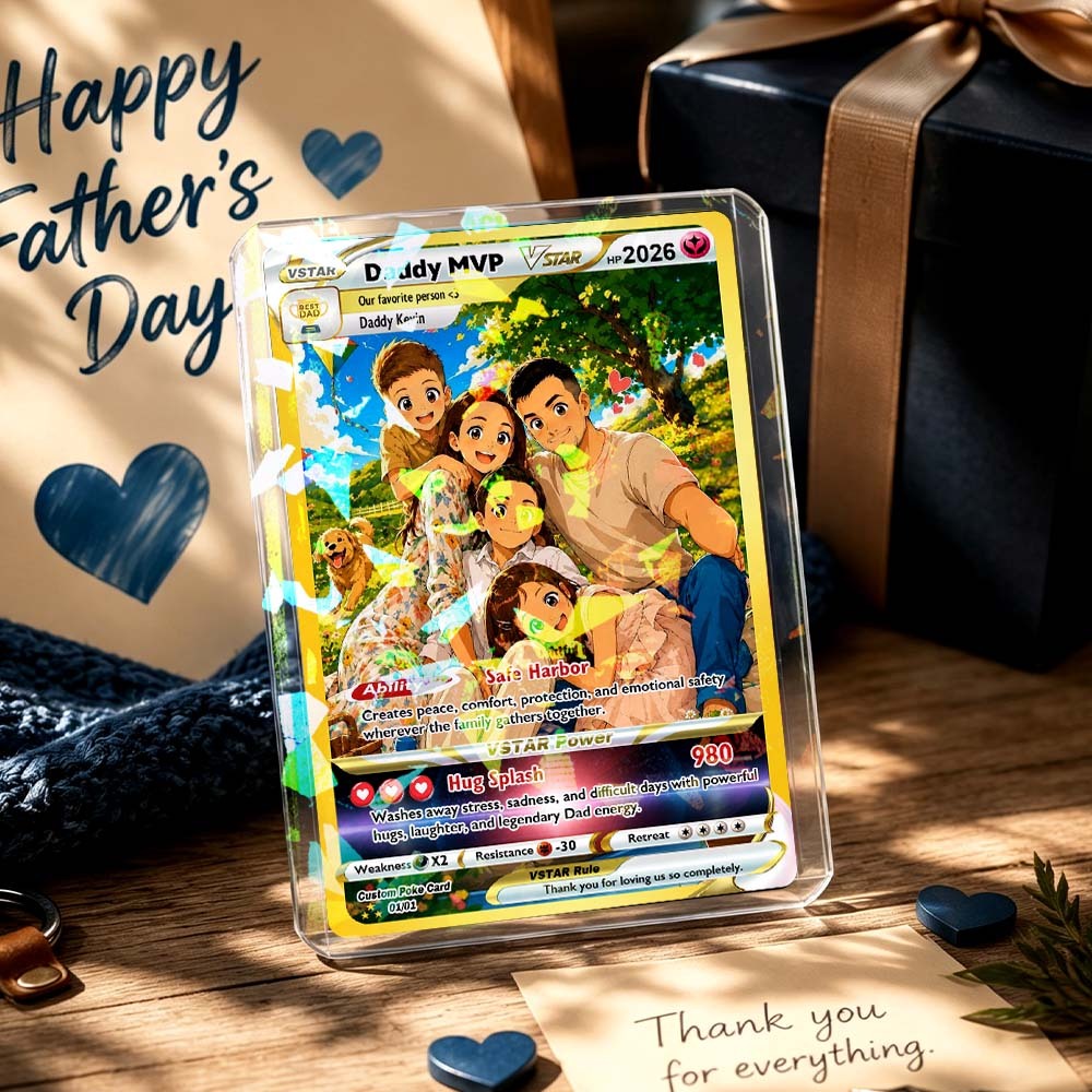 Happy Father's Day Custom Card - Hot Comic Anime Style Personalized Poke Card for Dad - Perfect Gift from Wife & Kids - MyFaceSocksAU