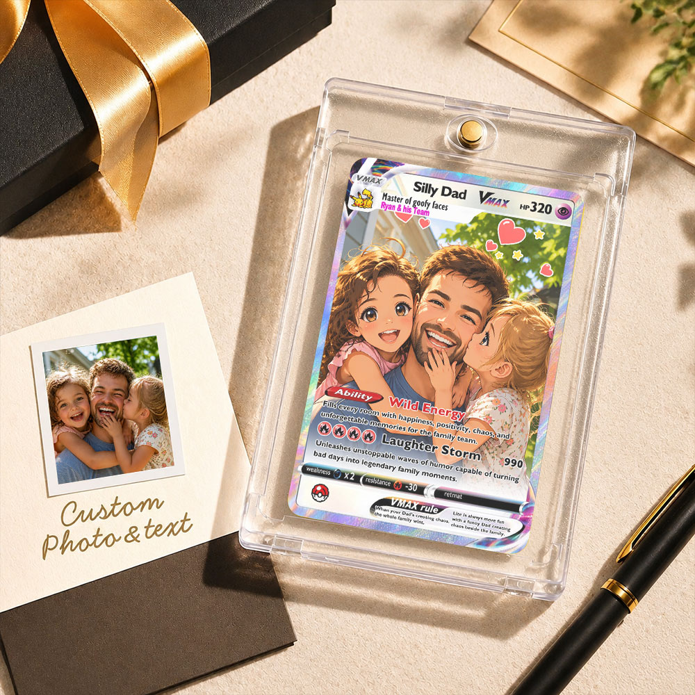 Father’s Day 2026 Custom Poke Card - Comic Anime Style Personalized Card for Funny Dad - Perfect Gift from Wife & Kids