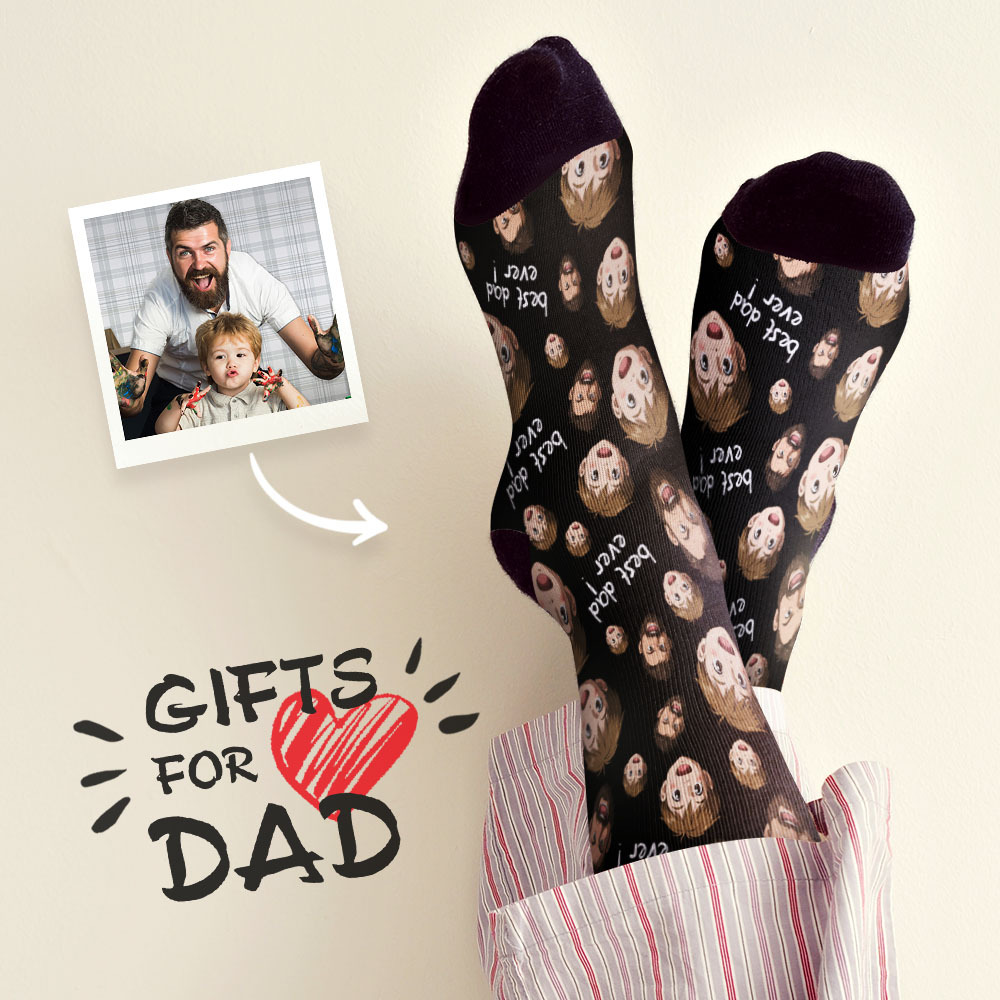 Custom Cartoon Dad Photo Print Socks Colorful Grey Blue Socks Personalized Custom Design Best Fathers Day Gift - MyFaceSocksAU