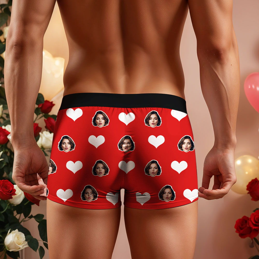 Custom Men's Face Boxer Red Heart Boxers Face Boxer Briefs Personalized Face Boxer Briefs Valentine's Day Underwear Gift - MyFaceSocksAU