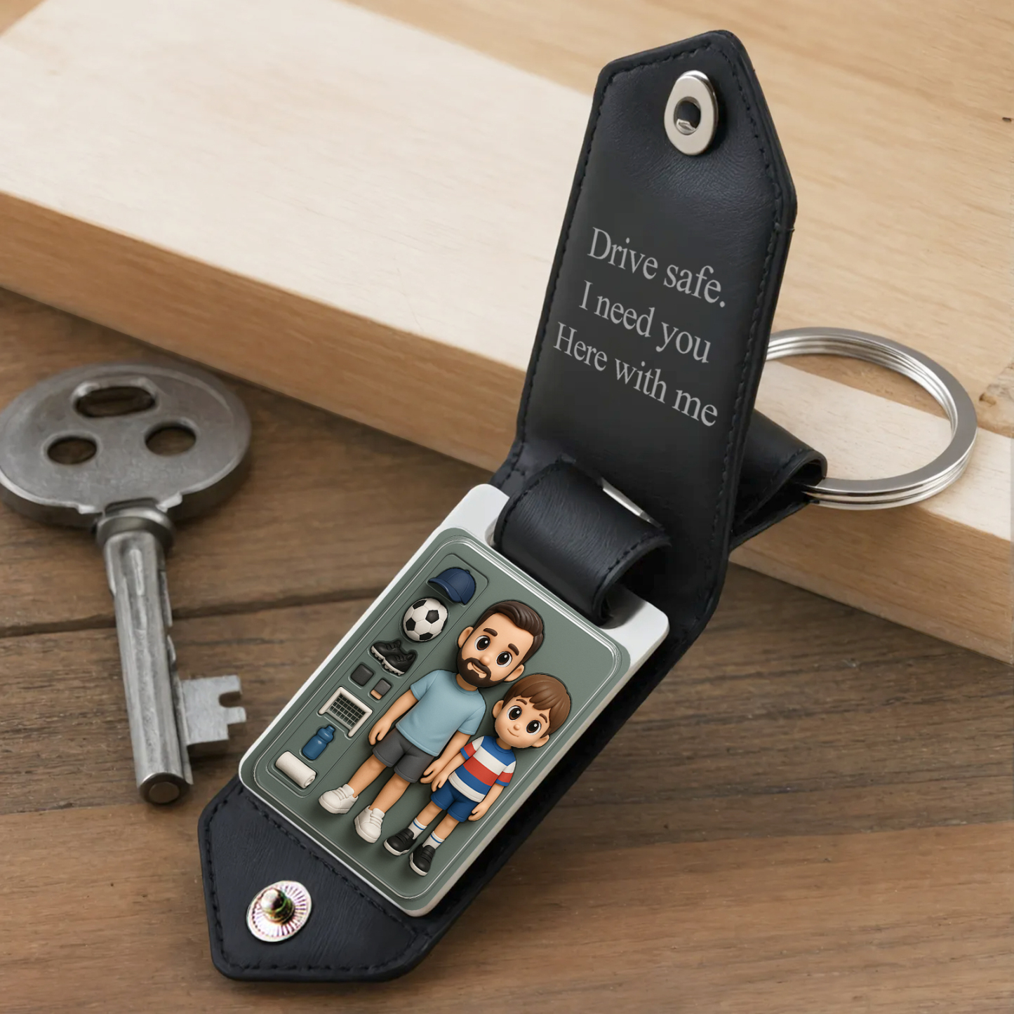 Custom Leather Dad Cartoon Poke Photo Keychain Personalized Engraved Text Commemorative Keychain Fathers Day Gifts