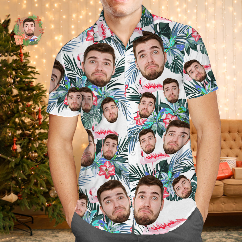 Custom Face Hawaiian Shirt Personalized Xmas Lights Flamingo Flowers And Leaves Beach Holiday Christmas Face Hawaiian Shirt - MyFaceSocksAU