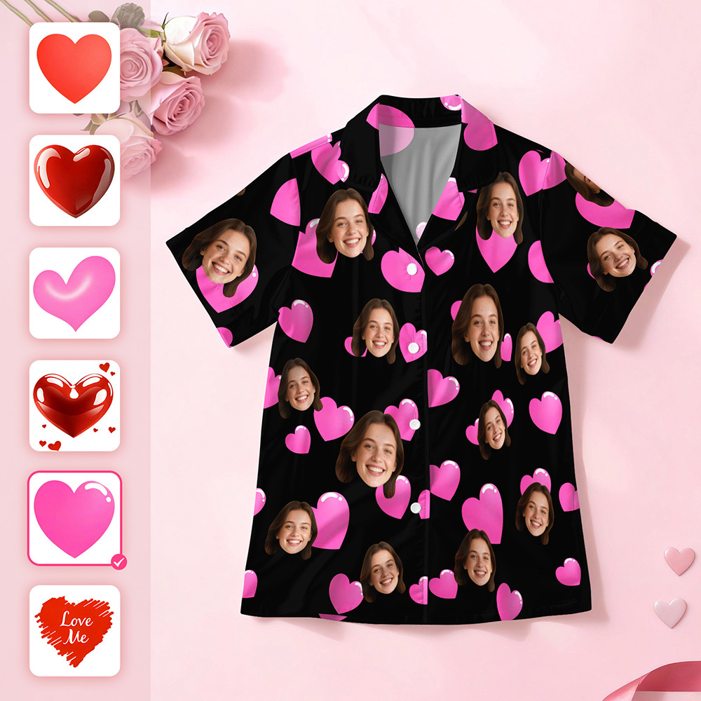 Custom Face Short Sleeve Pajamas Personalised Heart Face Couple Sleepwear Valentine Love Gifts For Her - MyFaceSocksAU