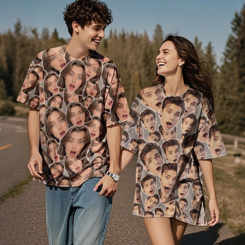 Personalized Mash Face Photo Vintage T-shirts Valentine's Day Theme Grey T-shirt Gifts for Couple - MyFaceSocksAU
