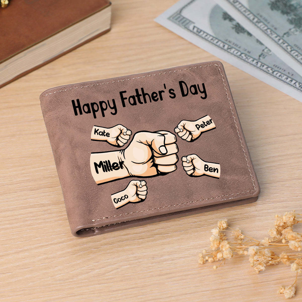 Personalised Names Custom Wallet Fists Bump Men's Bifold Wallet for Dad