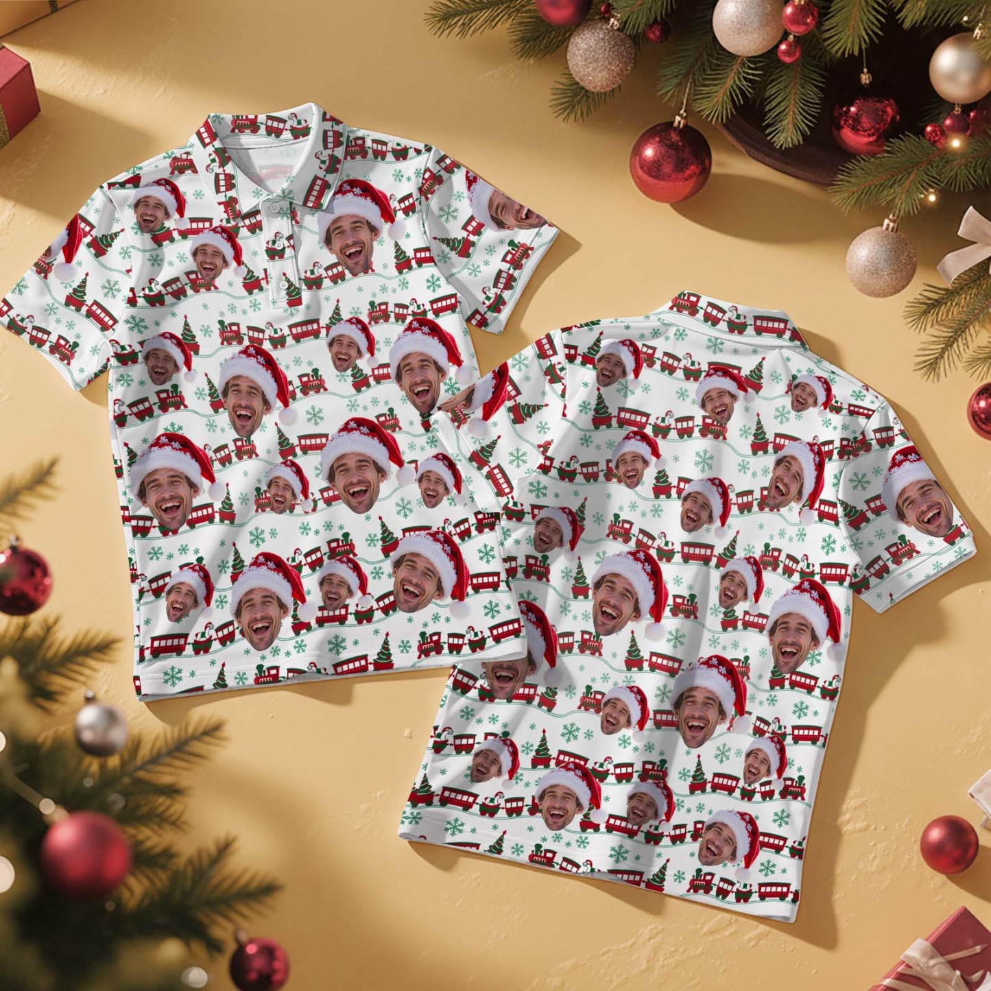 Custom Face Christmas Green Gift Box Christmas Polo Shirt Personalized Golf Shirt for Men Holiday Gifts - MyFaceSocksAU