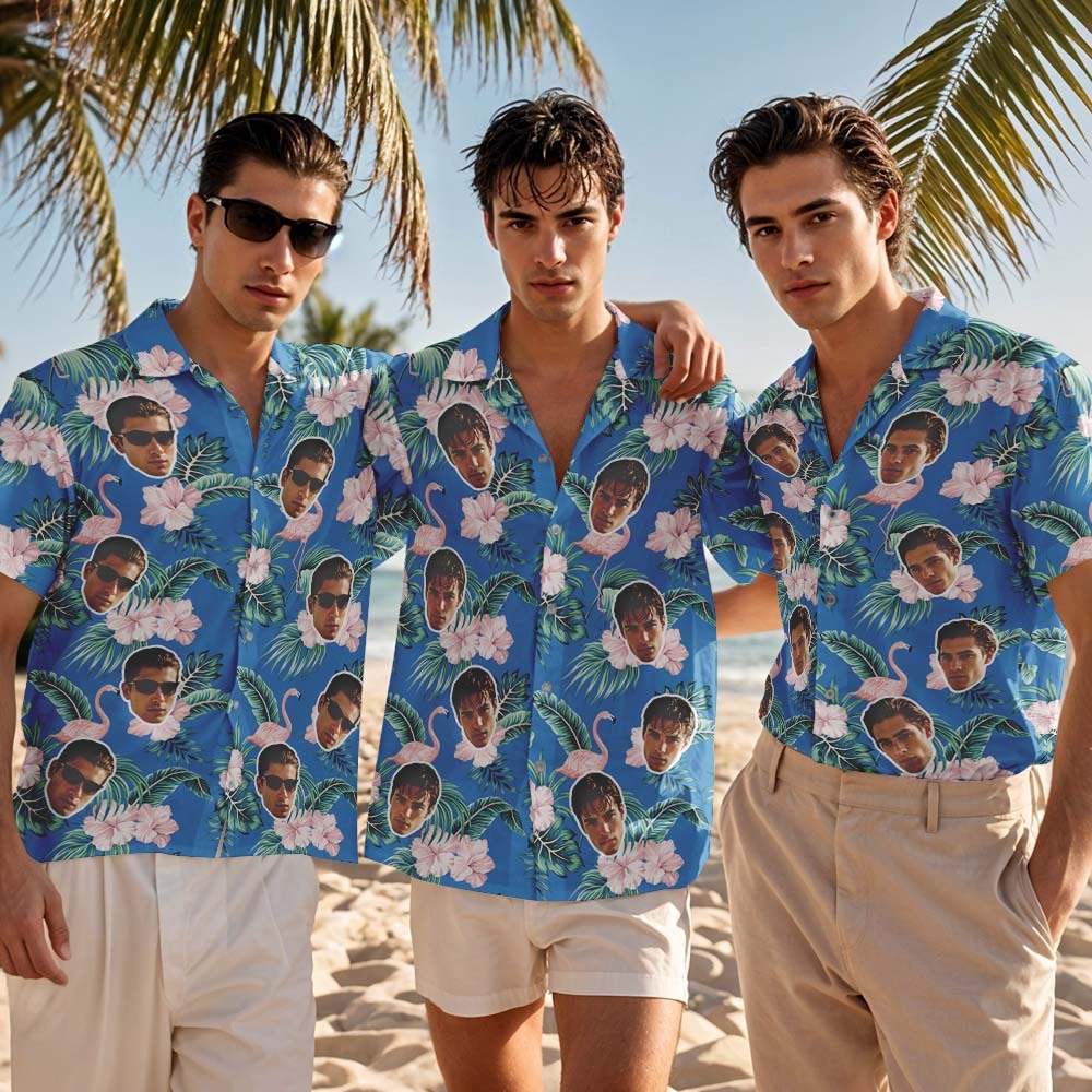 Custom Face Hawaiian Shirt Pink Flamingo Blue Hawaiian Shirt Tropical Men Summer Face Gift - MyFaceSocksAU
