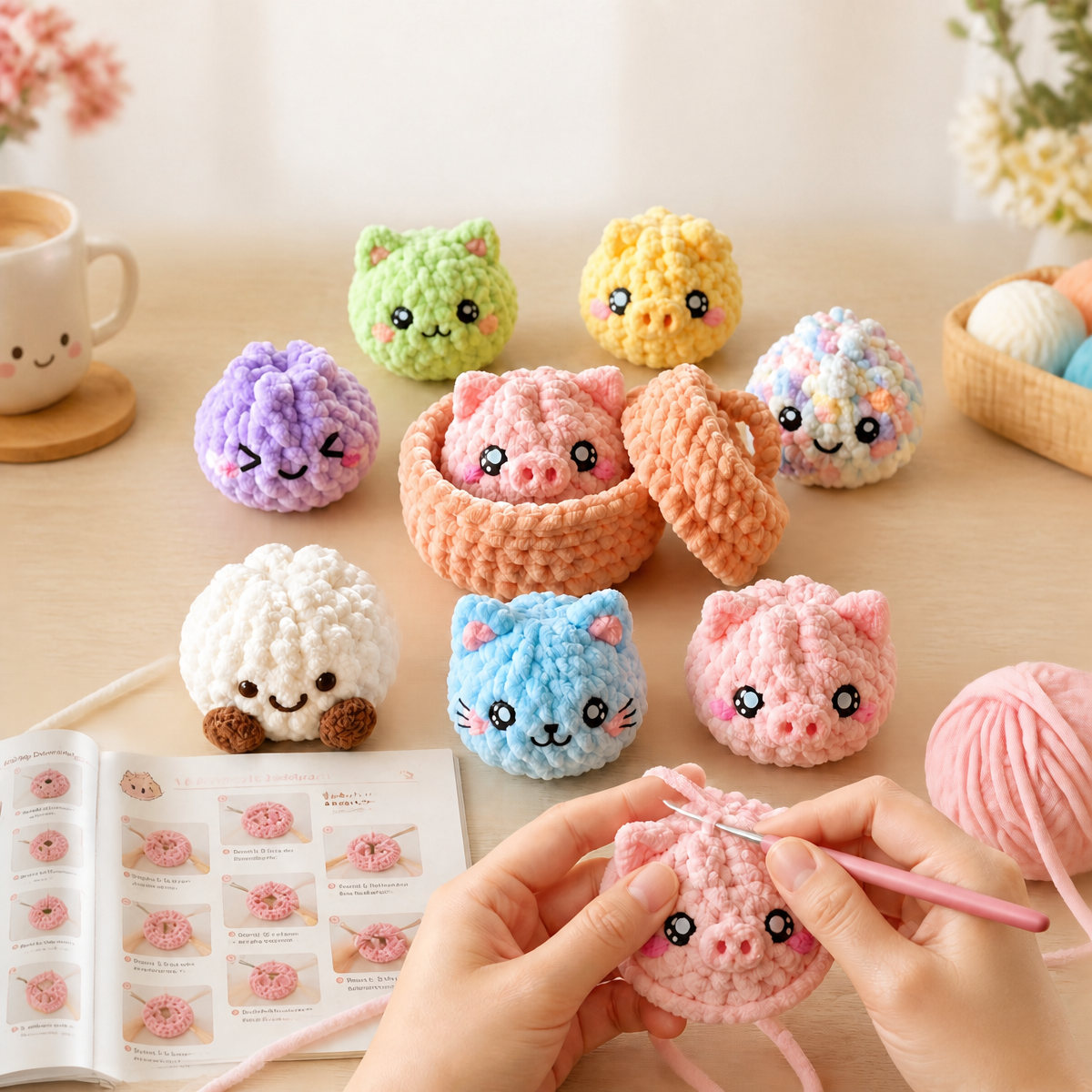 Handmade Crochet DIY Kit – Adorable Dumpling & Pig Steamer Set for Beginners, Soft Yarn Craft Project - MyFaceSocksAU
