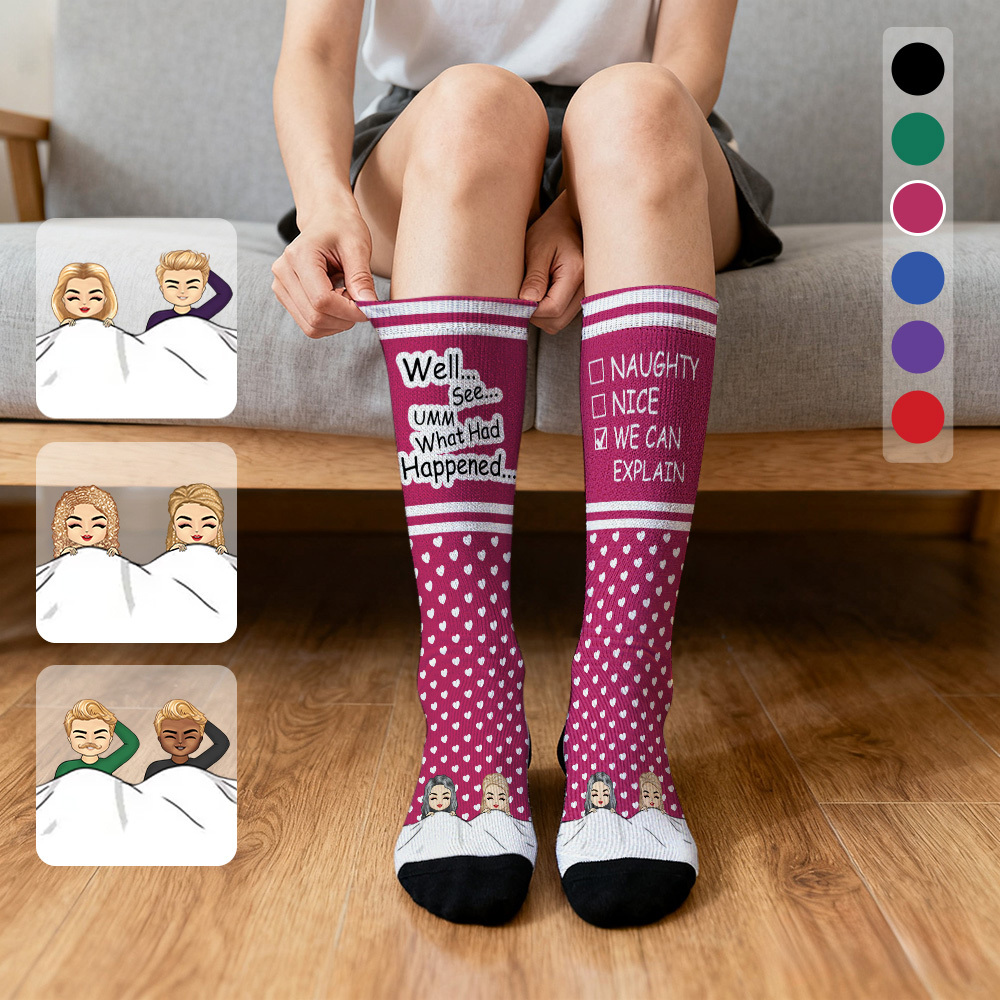 Custom Face Compression Socks Personalized Knee High Socks Purple Cartoon Socks We Can Explain Gift For Couple Lover Valentine's Day Gift - MyFaceSocksAU