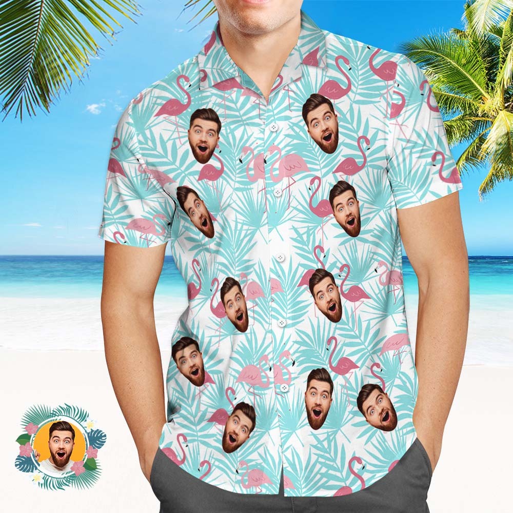 Custom Face Hawaiian Shirts Colorful Light Blue Flamingos Face Hawaiian Shirt - MyFaceSocksAU