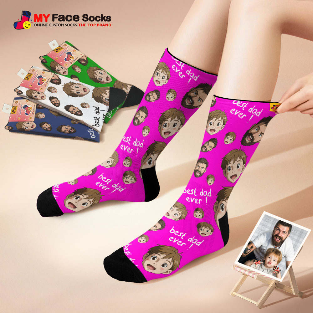Custom Cartoon Dad Photo Print Socks Colorful Grey Blue Socks Personalized Custom Design Best Fathers Day Gift - MyFaceSocksAU