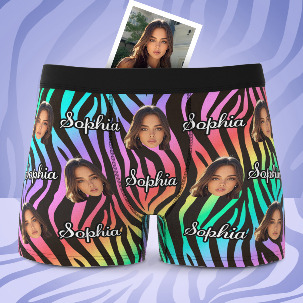 Custom Face and Text Colorful Stripe Boxer Shorts Men's Face Valentine's Day Gifts - MyFaceSocksAU