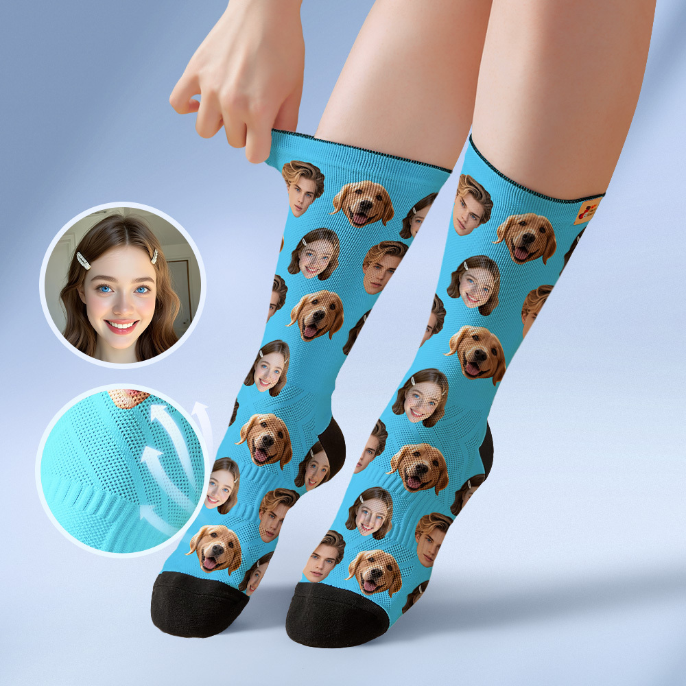 Custom Face Socks Personalized Socks with Faces Photo Blue Funny Gift Photo Family Socks - MyFaceSocksAU