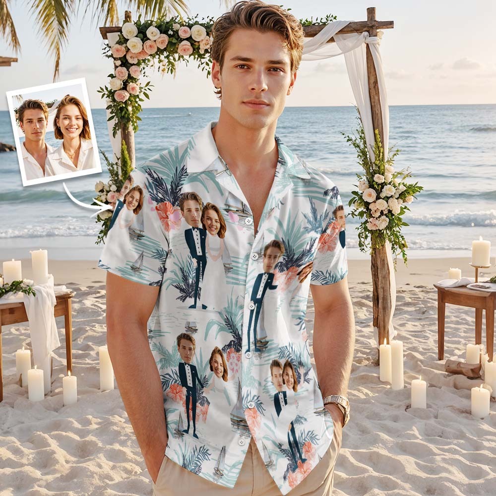 Custom Face Hawaiian Shirt Wedding Couple Face Hawaiian Shirt Personalized Wedding Dress - MyFaceSocksAU