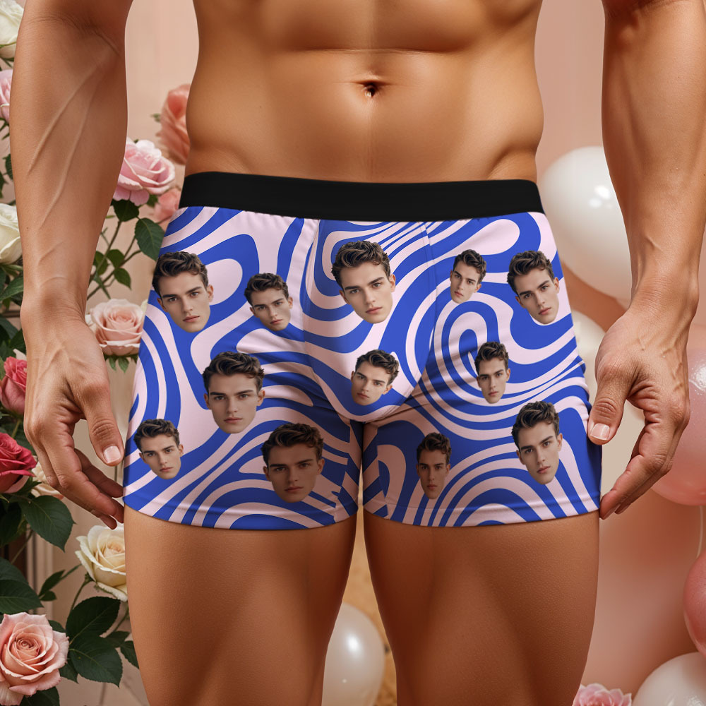 Custom Face Men's Boxer Underwear Gifts for Husband Blue Stripes Men Face Boxer - MyFaceSocksAU