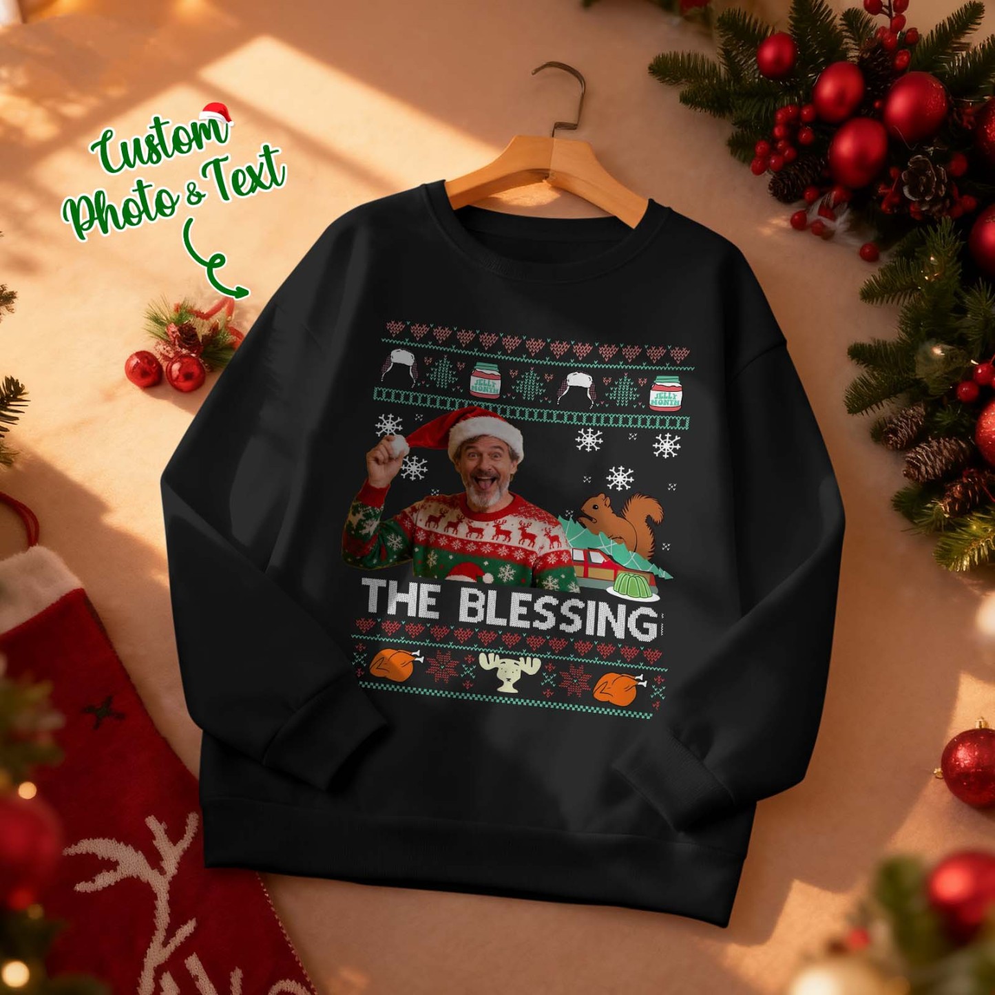 Custom Face Round Neck Hoodie Custom Face The Blessing Christmas Sweatshirt Memory Gift - MyFaceSocksAU