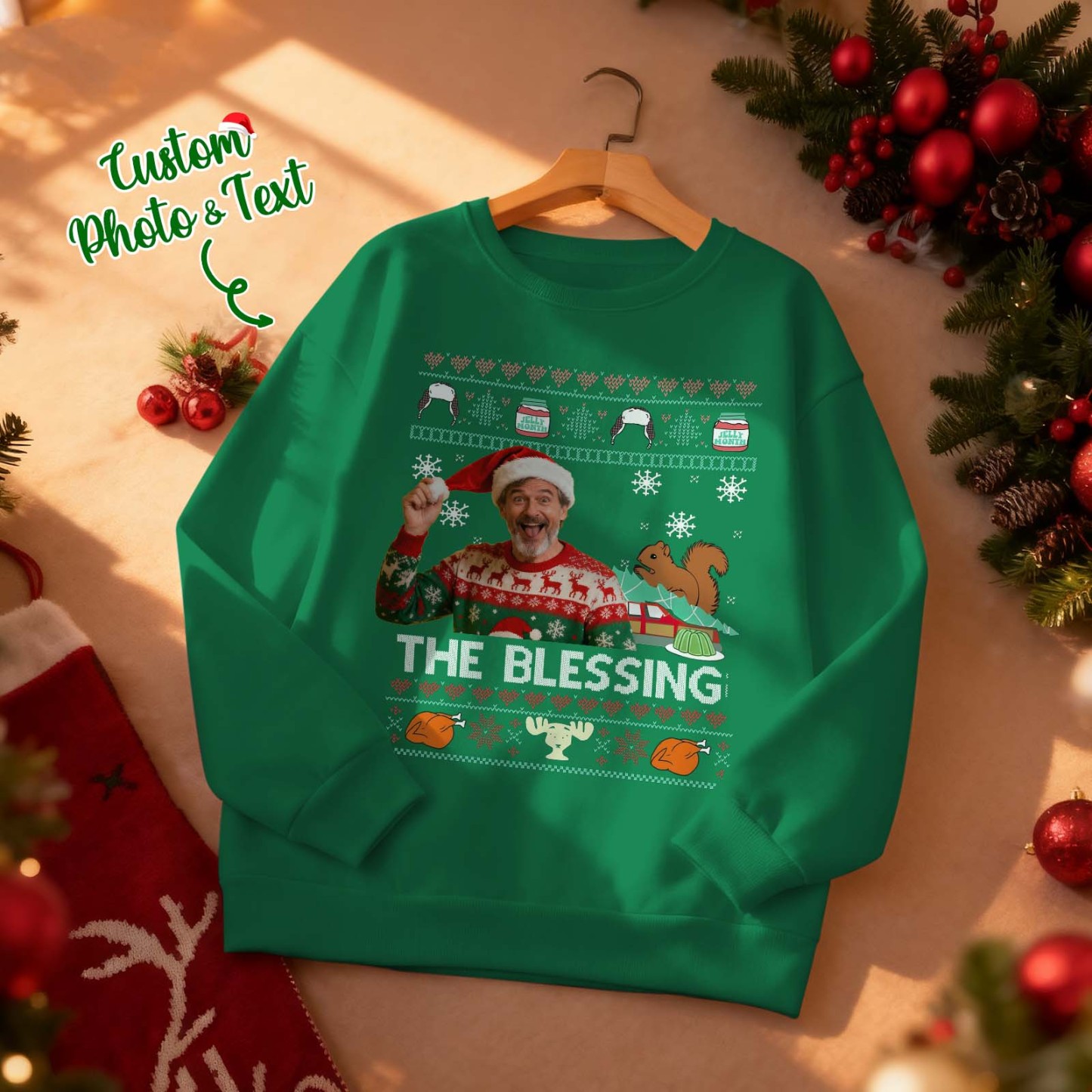 Custom Face Round Neck Hoodie Custom Face Retro Vintage Portrait Christmas Sweatshirt Memory Gift - MyFaceSocksAU