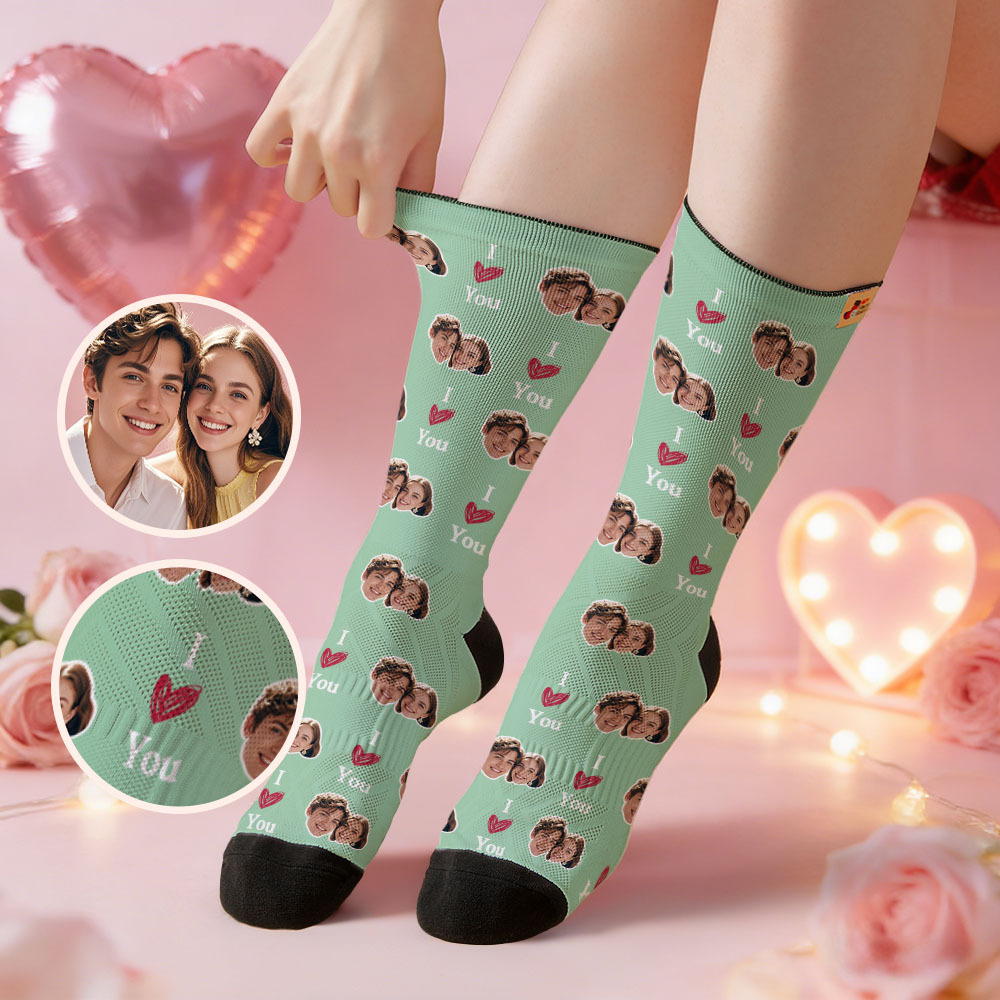 Custom Couple Theme Heart Face Socks Personalized I Love You Couple Valentine Day Socks with Photo Cute Couple Gift - MyFaceSocksAU