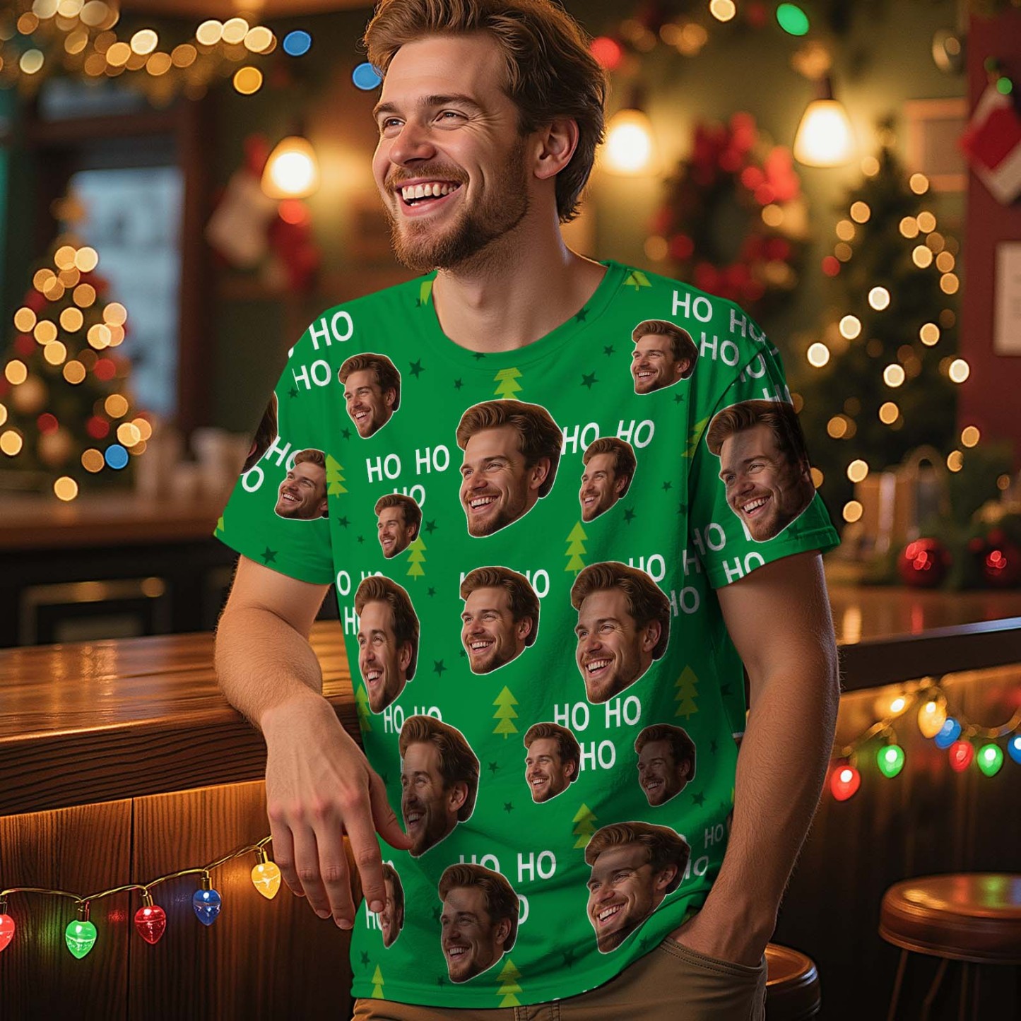 Custom Christmas T-Shirt with Photo Santa Claus Personalized Holiday Blue Tee for Family Friends Couples Christmas Gift - MyFaceSocksAU