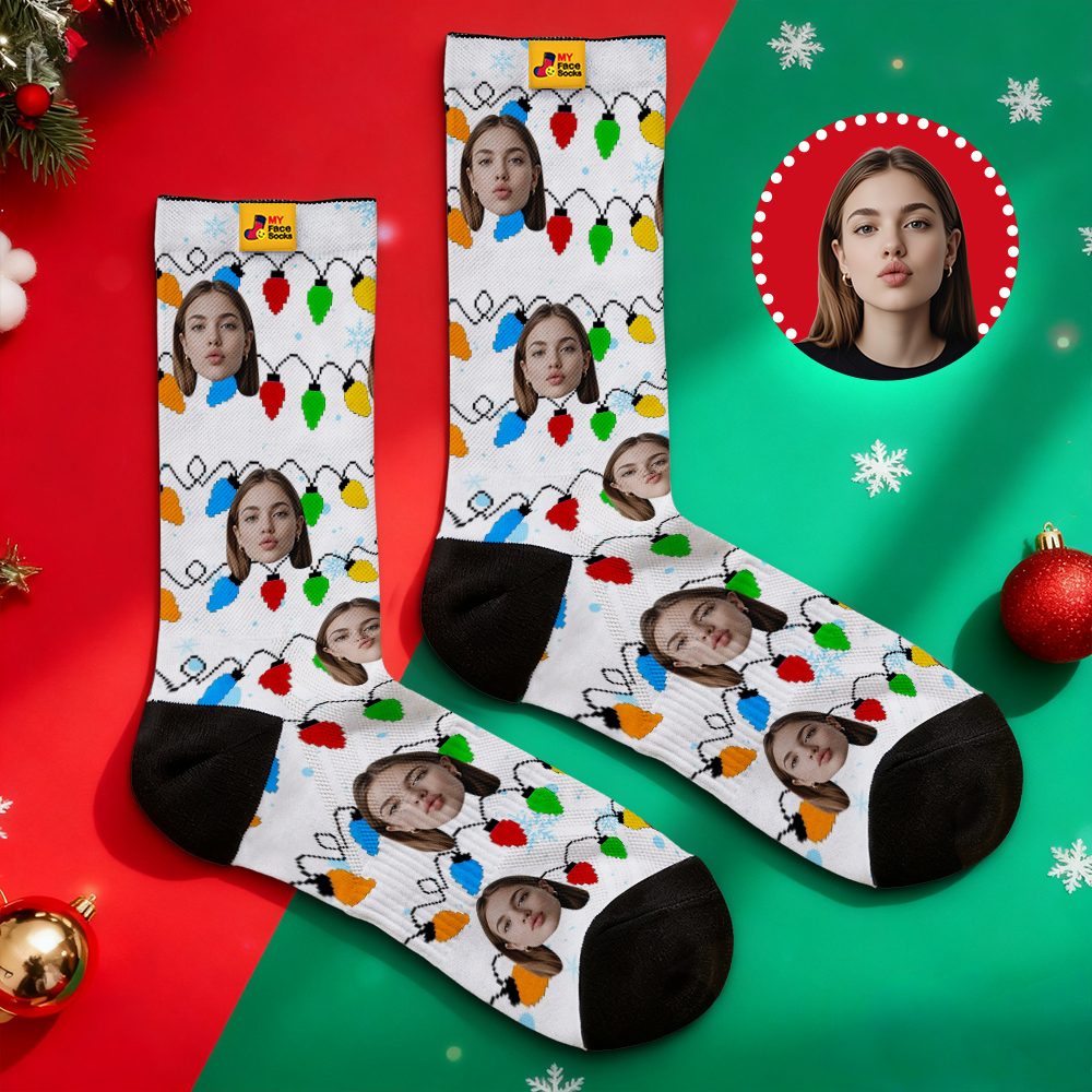 Custom Multicolor Christmas Light Socks Personalized Socks  Perfect Family Holiday Gift Christmas Socks Gift - MyFaceSocksAU