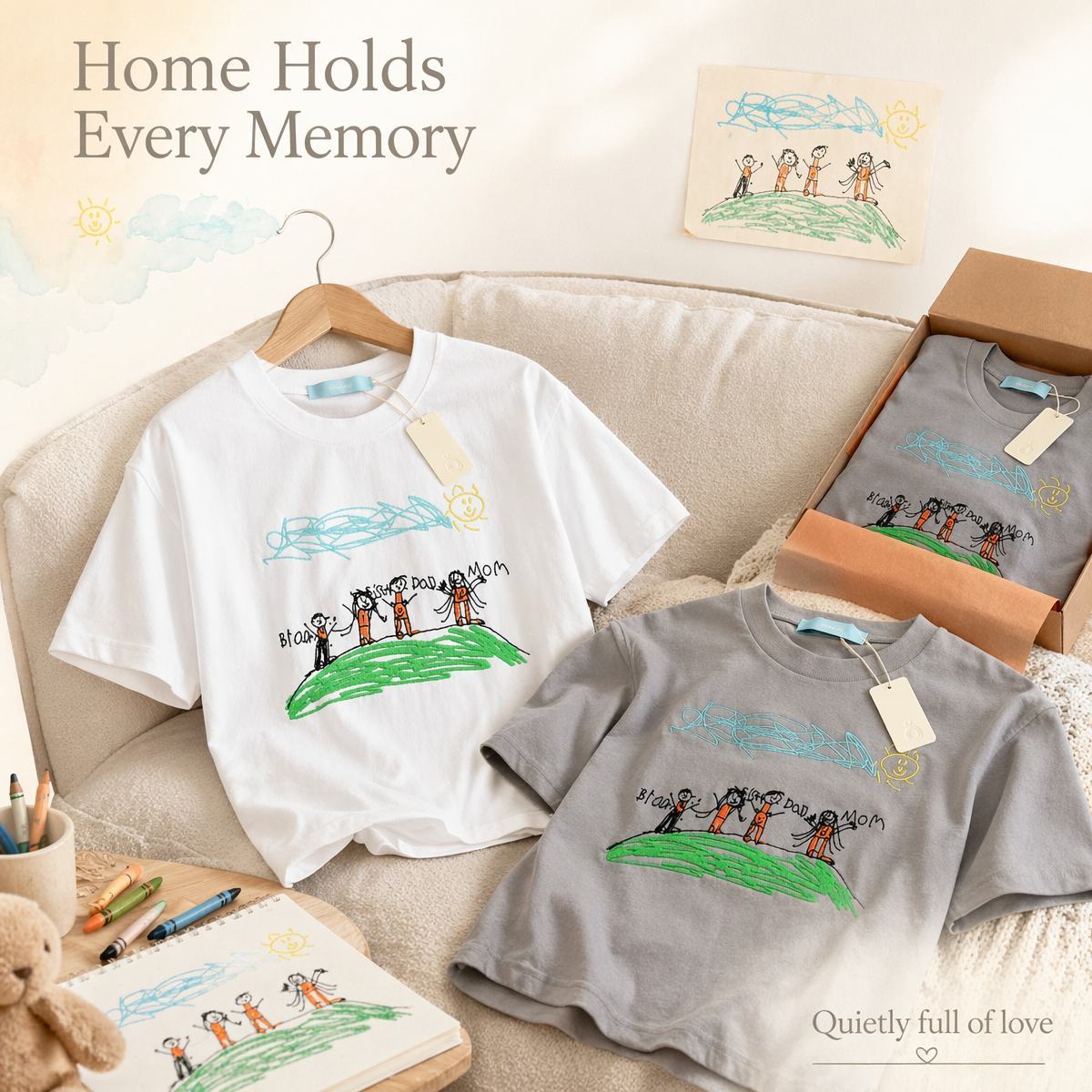 Custom Kids Drawing Embroidered T-Shirt – Personalized Child Artwork Tee, Custom Family Portrait Embroidery Shirt, Meaningful Gift for Mom, Dad & Grandparents - MyFaceSocksAU