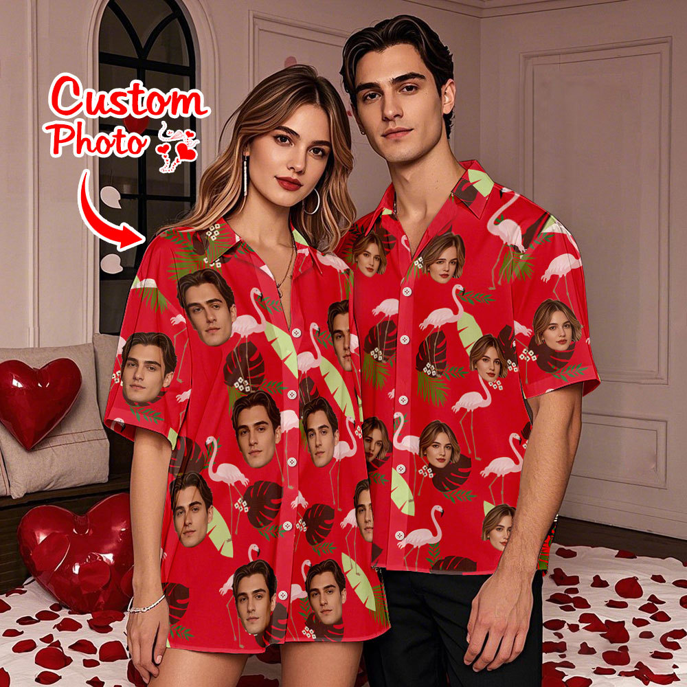 Personalized Flamingo Face Hawaiian Shirt Face Couple Shirt Valentine Gift For Couple - MyFaceSocksAU