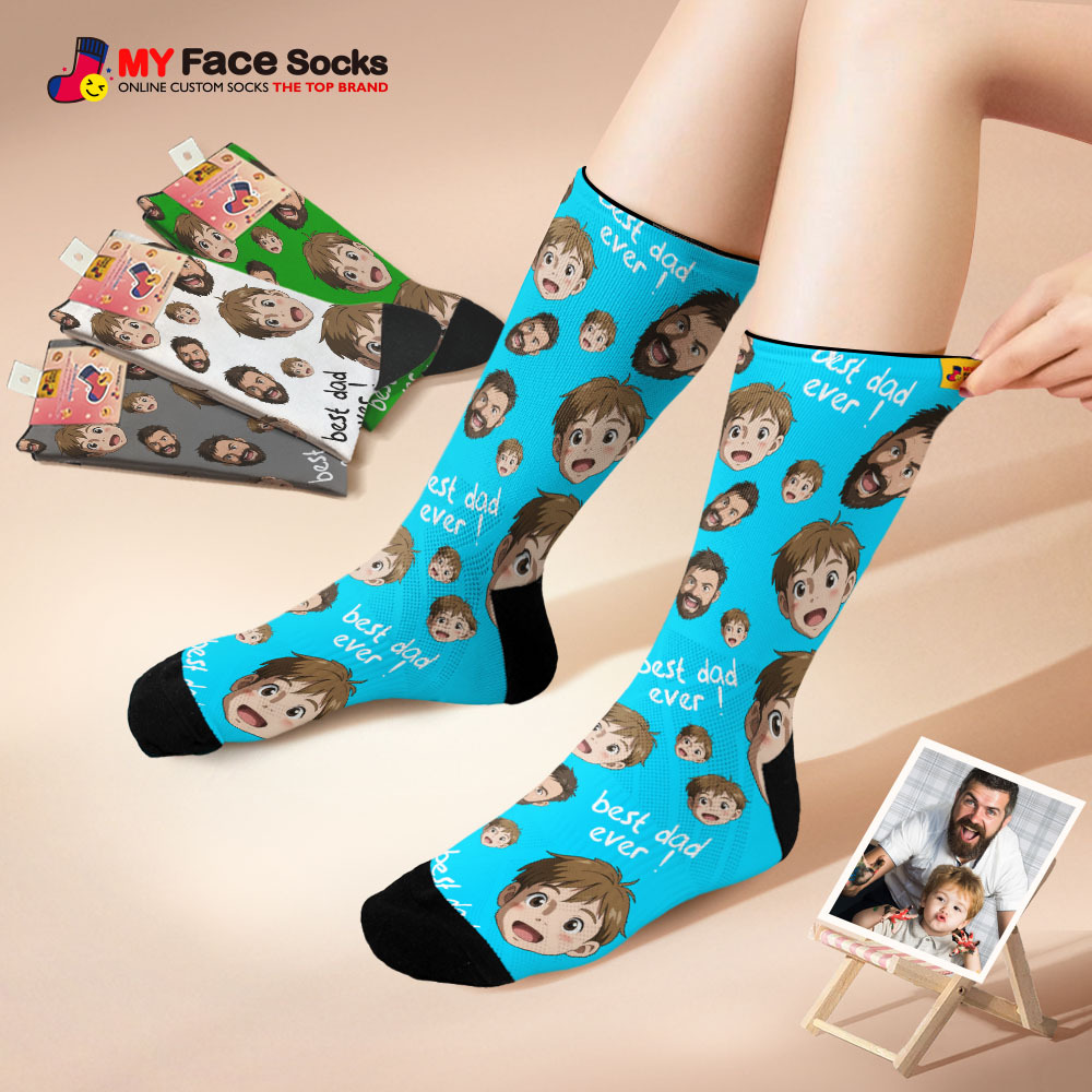 Custom Cartoon Dad Photo Print Socks Colorful Grey Blue Socks Personalized Custom Design Best Fathers Day Gift - MyFaceSocksAU