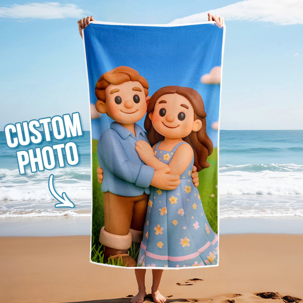 Custom Photo Beach Towel with Cartoon Design Personalized Wedding & Anniversary Gift - MyFaceSocksAU